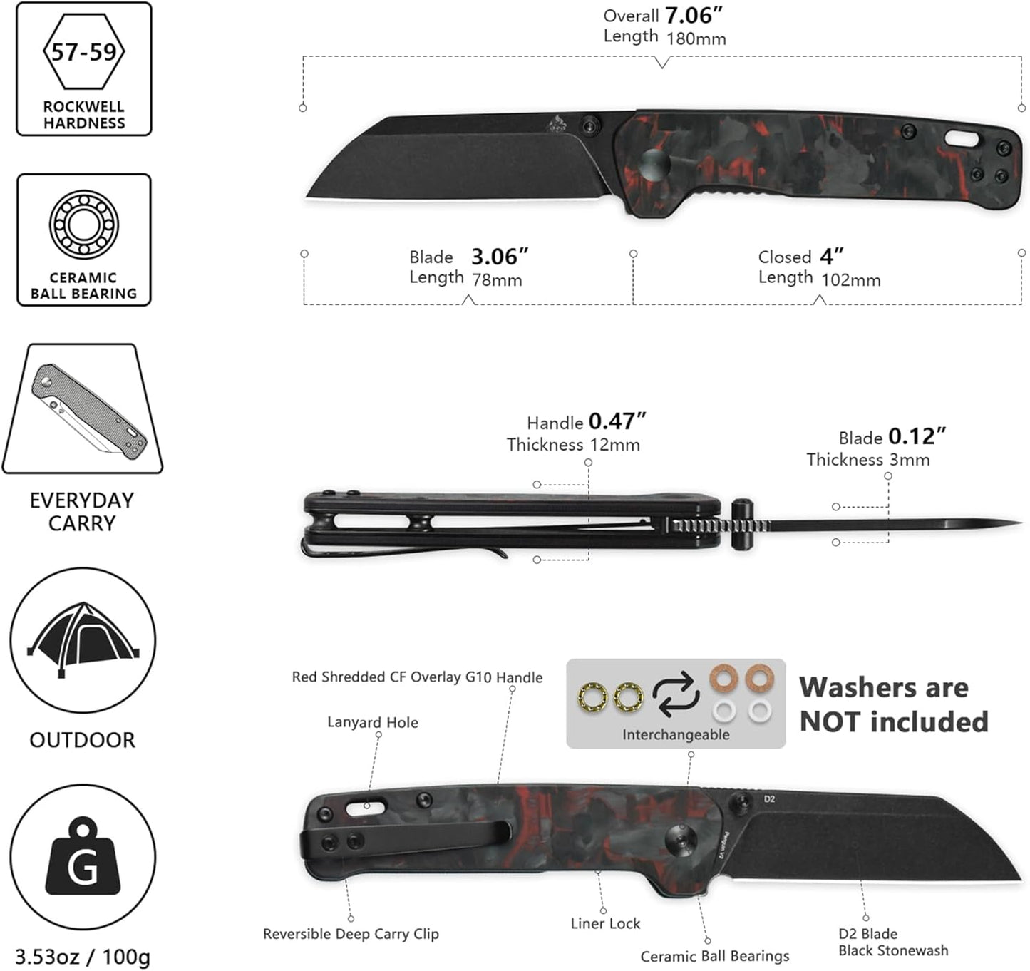 QSP Penguin V2 Folding Pocket Knife, 3.06" D2 Black Stonewash Blade EDC Knife, Red Shredded CF Overlay G10 Handle, Liner Lock, Ceramic Ball Bearings, Reversible SS Deep Carry Clip