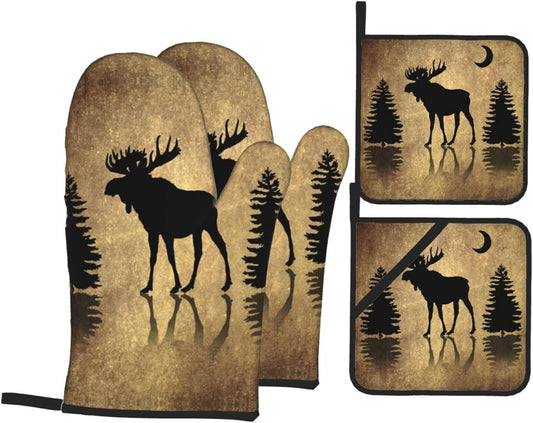 Rustic Elk Moose Deer Forest Pine Tree Moon Design Oven Mitts and Pot Holders Sets of 4 High Heat Resistant Vintage Animal Oven Mitts Oven Gloves and Hot Pads Potholders for BBQ Cooking Mitts