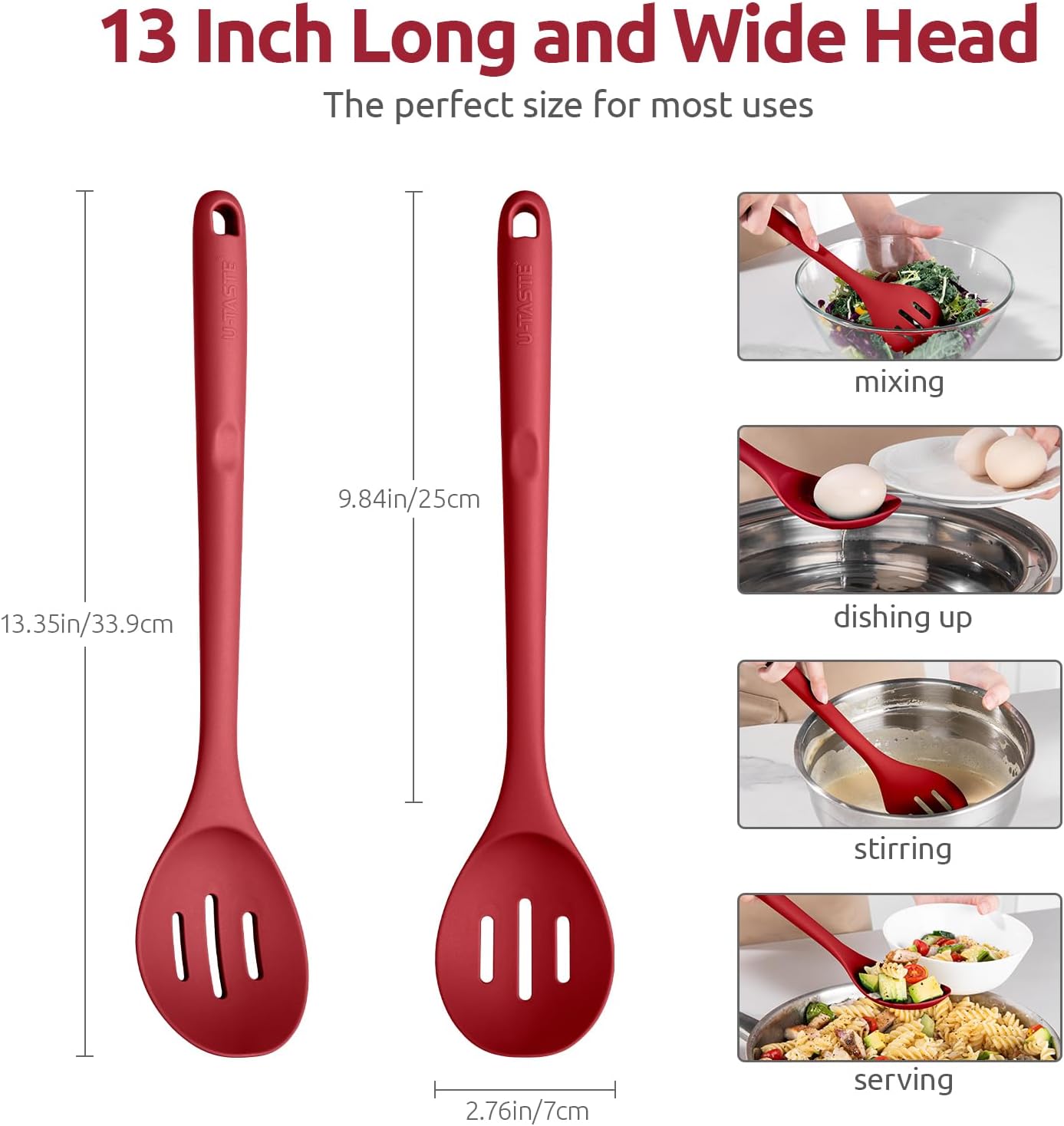 600ºF Heat Resistant Slotted Spoon: U-Taste 13.3in Solid Kitchen Cooking Spoon, Nonstick Food Grade Large & Long Rubber Utensil for Mixing, Serving, Stirring, Basting, Frying, Draining (Red)