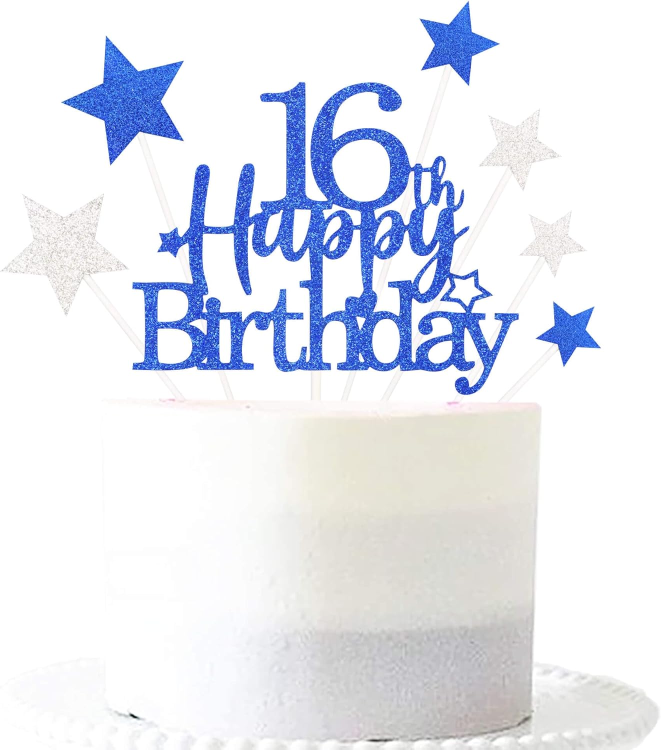 Glittery 16th Cake Topper with Star Boys and Girls 16th Birthday Party Supplies, Sixteen Years Old Birthday Party Decorations Royal Blue