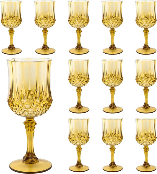 Plastic Wine Glasses，Plastic Goblets Vintage Style Cordial Drinking Glasses for Wedding Reception, Grand Event Party Supplies (12, Gold)