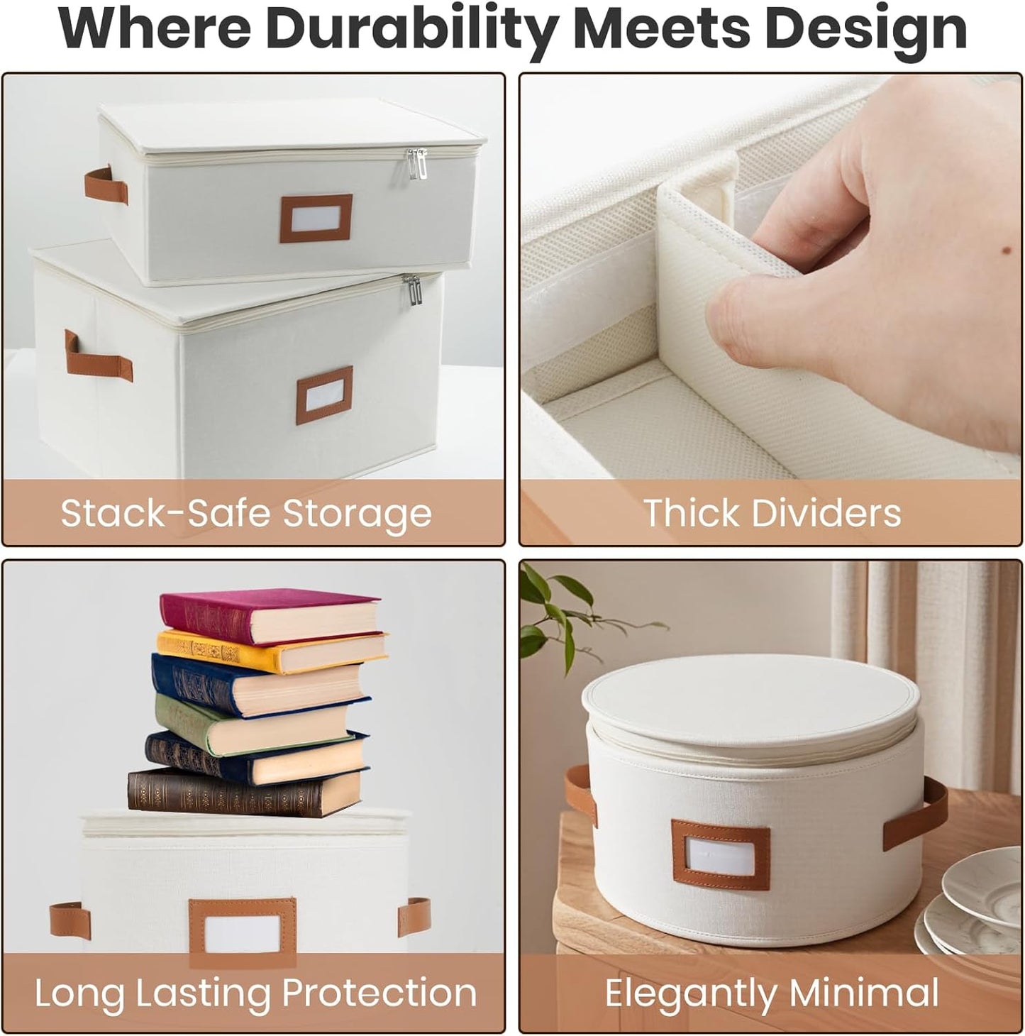 HOMELUX THEORY Plate Storage Box, 2pc 10"x8" Ivory Hard Shell China Storage Containers, Kitchen Storage Bins With Lids, Heavy Duty Moving Box with Handles for Dishes, Dinner Plate & Dinnerware