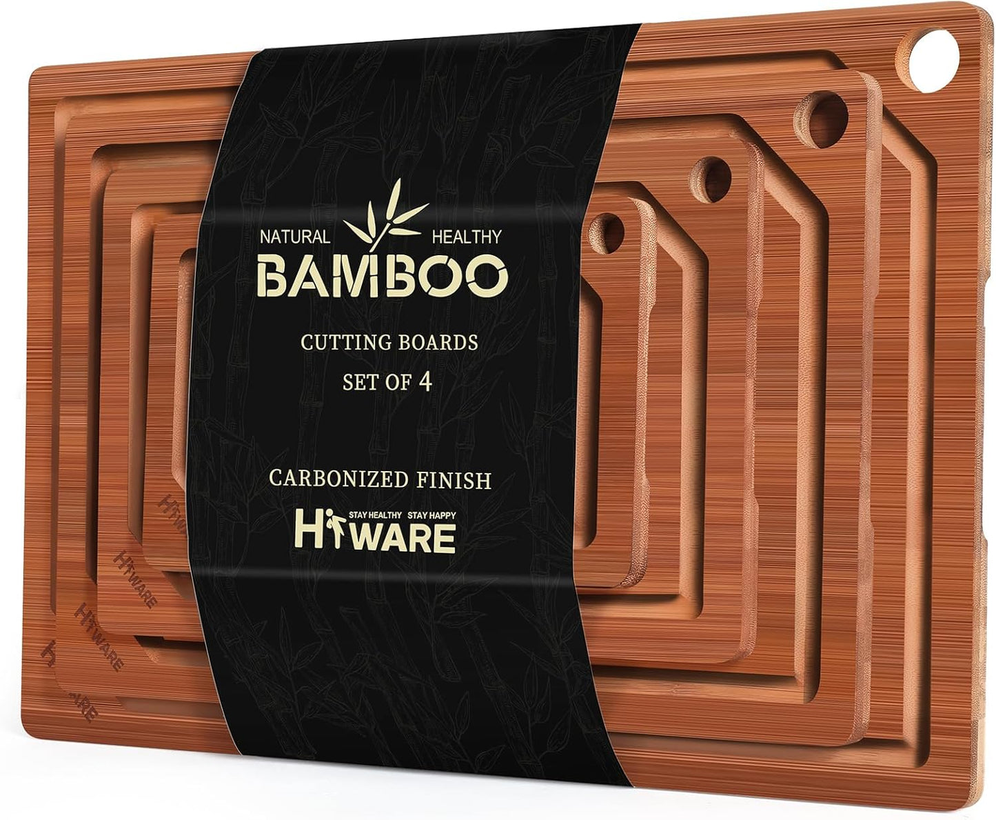 Hiware 4 Pieces Extra Large Wooden Cutting Boards Set- Bamboo Cutting Boards for Kitchen Meal Prep & Serving, Cutting Board with Deep Juice Groove & Built-in Handles, Charcuterie & Chopping Board