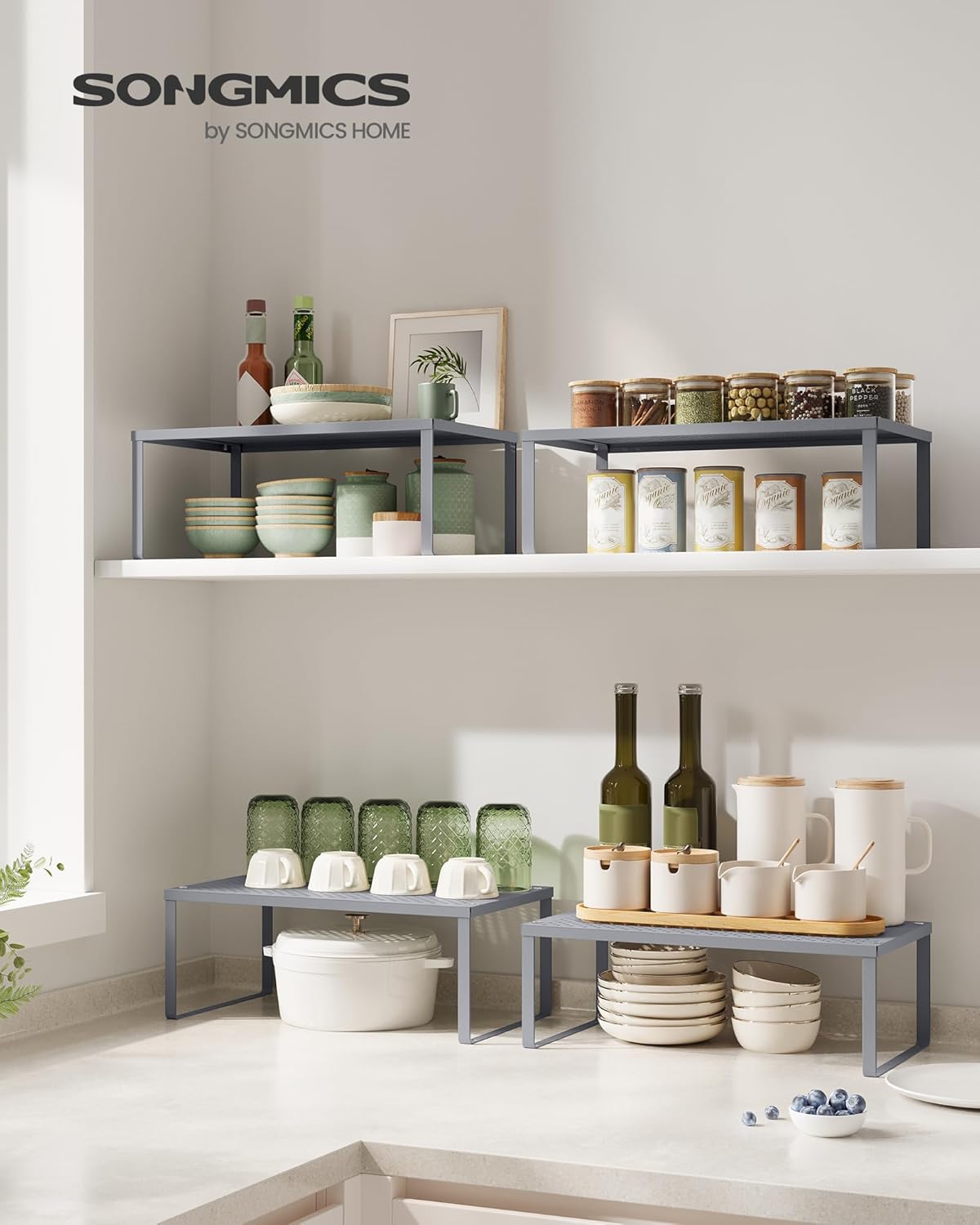 SONGMICS Spice Racks, Set of 2 Metal Cabinet Shelf Organizers, Countertop Organizers, Shelf Risers, Stackable, Expandable, Silver UKCS401G01