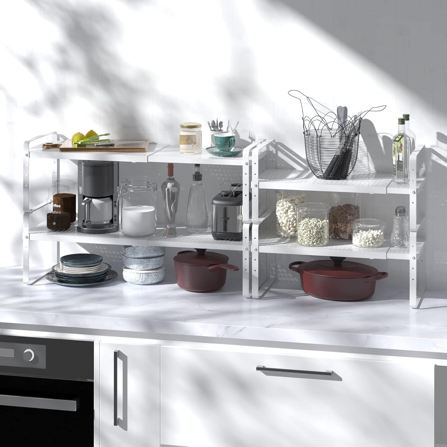 Expandable Cabinet Shelf Organizer Adjustable Metal Spice Rack Stackable Freestanding Counter Storage Shelves for Kitchen Cabinet Under Sink Office Desk (White - 2Pack - L16.5-27'' * W10.2'' * H9.6'')