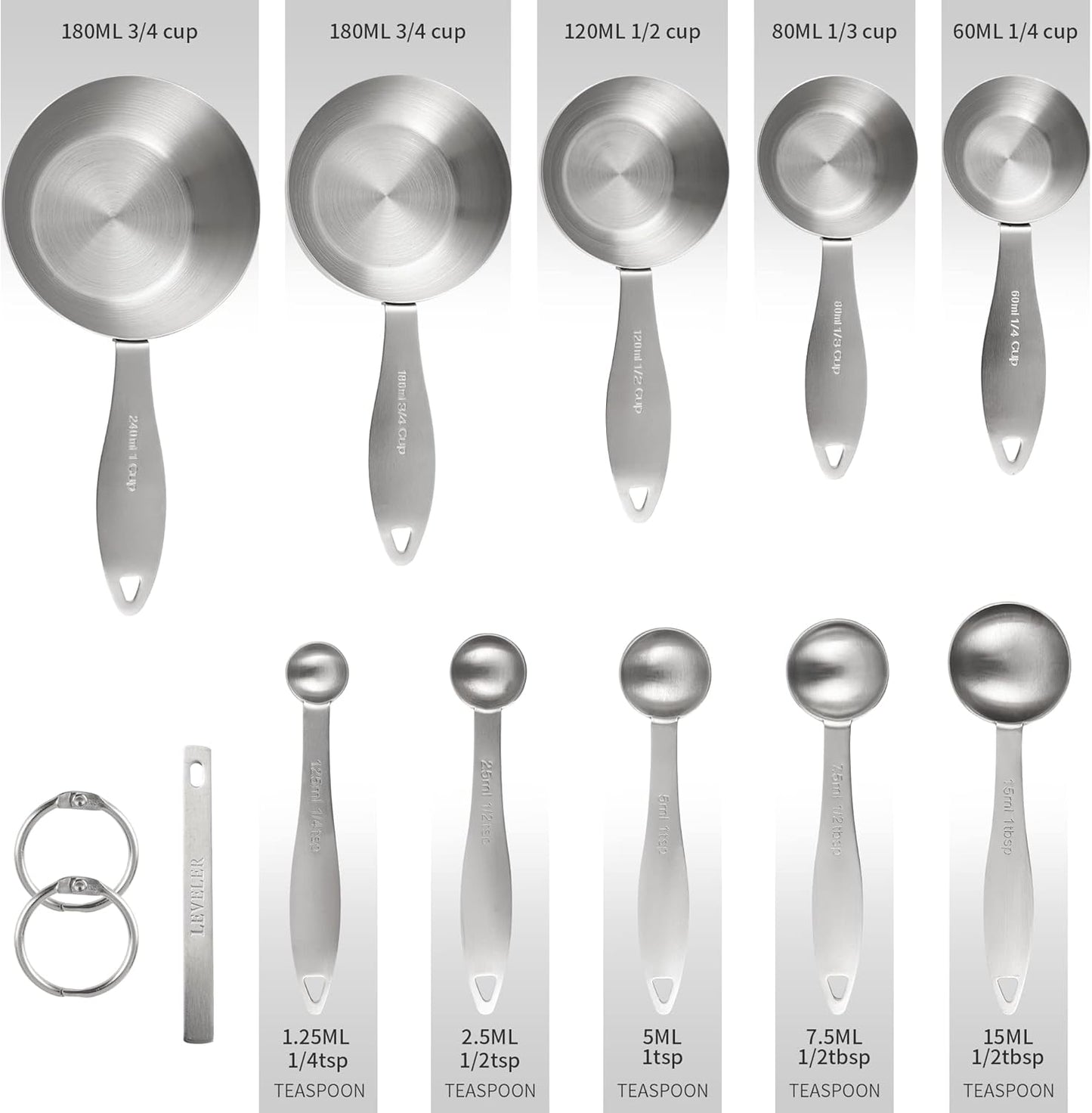 Measuring Cups and Spoons Set,With 5 Stainless Steel Measuring Cups and 5 measuring spoons and Measure Ingredient Leveler and 2 rings. (siliver)