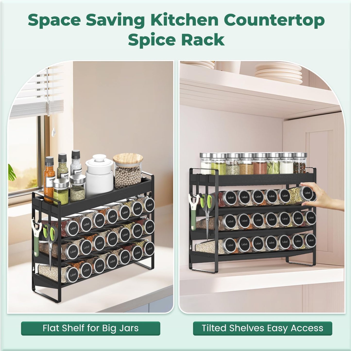 EsLuker.ly Spice Seasoning Rack Organizer Kitchen Countertop, 4 Tier Bamboo Spice Shelf Holder Storage with 4 Hooks, Wall Mounted Freestanding Stand for Pantry, Black (Jars Not Included)