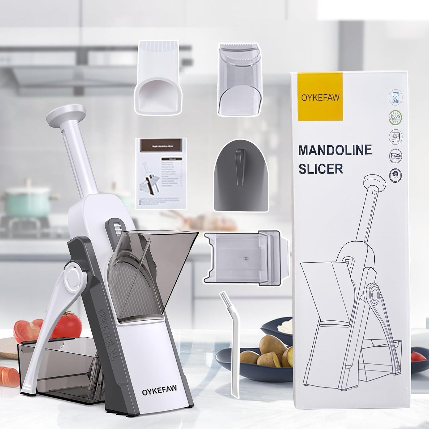 Safe Mandoline Slicer for Kitchen, 5 in 1 Vegetable Food Chopper, Potato French Fry Cutter, Fruit Slicer, Adjustable Thickness 0.1-8 mm, Kitchen Chopping Artifact Fast Meal Prep (Gray)