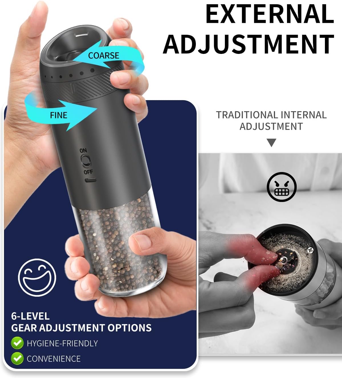 CIRCLE JOY Gravity Electric Salt and Pepper Grinder Set Rechargeable Automatic Pepper Mill Grinders with 176ml Container, External Adjustable Coarseness, Bright LED Light and One Hand Operation, Black