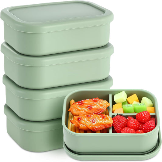 Honeydak 4 Pcs Silicone Bento Lunch Box 3 Compartment Reusable Leakproof Silicone Bento Lunch Container for Adults Microwave Dishwasher Freezer Safe(Olive Green)