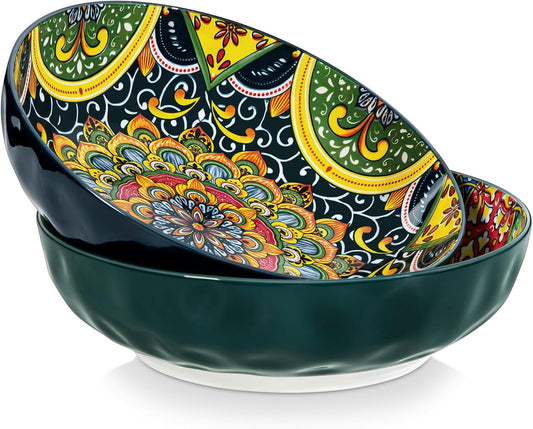 vancasso Large Serving Bowls, 78 Oz Extra Large Salad Bowls Set of 2, Bohemian Decorative Bowls for Salad, Fruit, Pasta and Dinner, Serving Dishes Set for Party, Dishwasher & Microwave Safe－Green