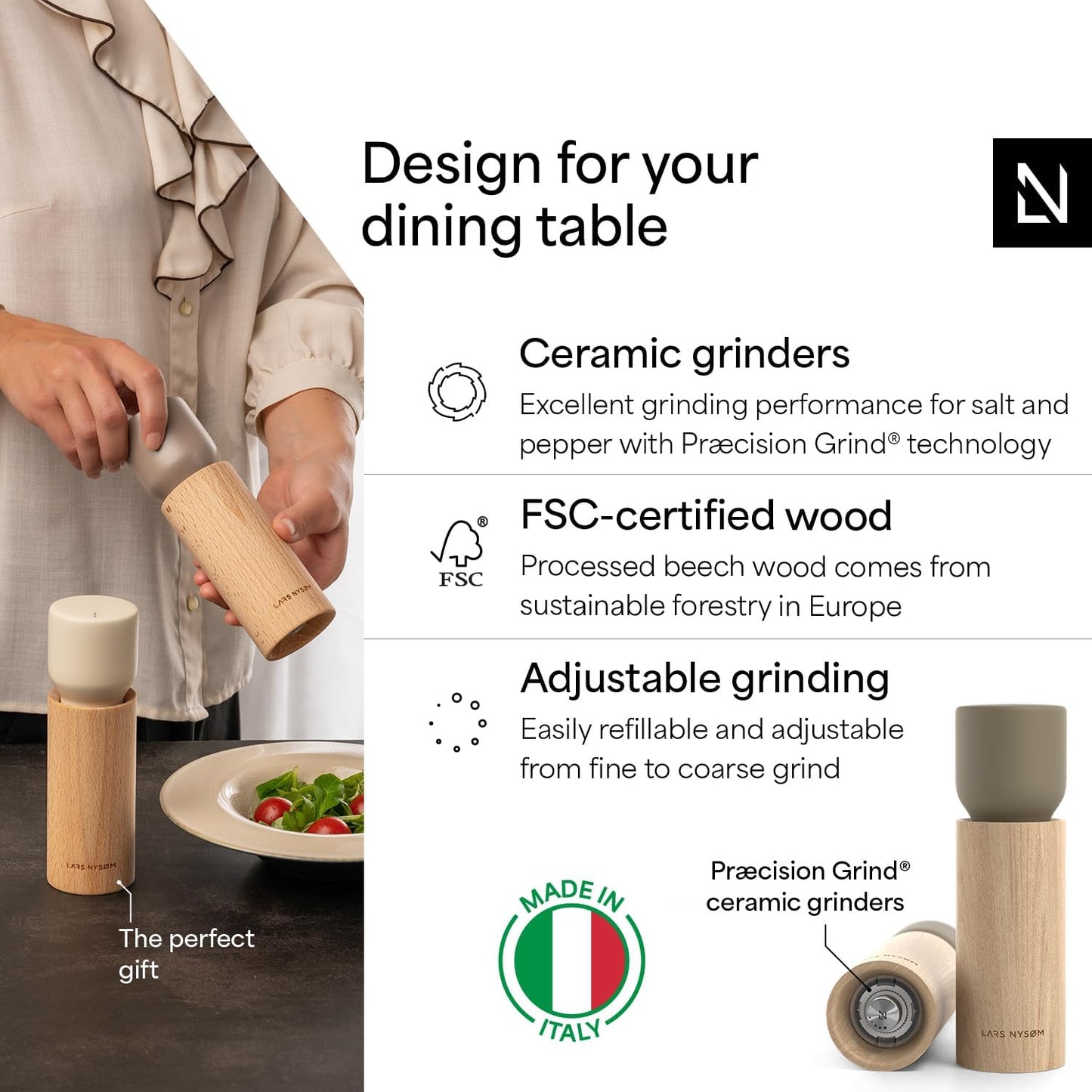 LARS NYSØM Wooden Salt and Pepper Grinder Set Manual - Salt and Pepper Mills with Adjustable Ceramic Grinder - Elegant Beechwood Pepper and Salt Mill Set for Dining Table (Taupe Brown)