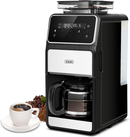 Gevi 10-Cup Grind & Brew Coffee Maker with Built-in Burr Grinder – Programmable Touch Screen, 4-Hour Keep Warm, Permanent Filter, Drip Coffee Machine for Home & Office