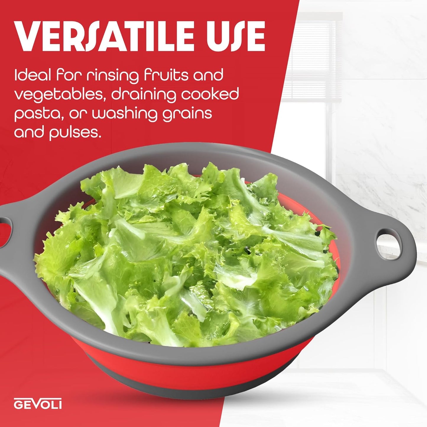 Strainer with Self-Draining Base (5QT) Over-Sink Collapsible Kitchen Colander Set with Side-drain Base for Pasta Vegetables and Fruit, XL Large Capacity, Dishwasher Safe (5-Quart) Red/Gray