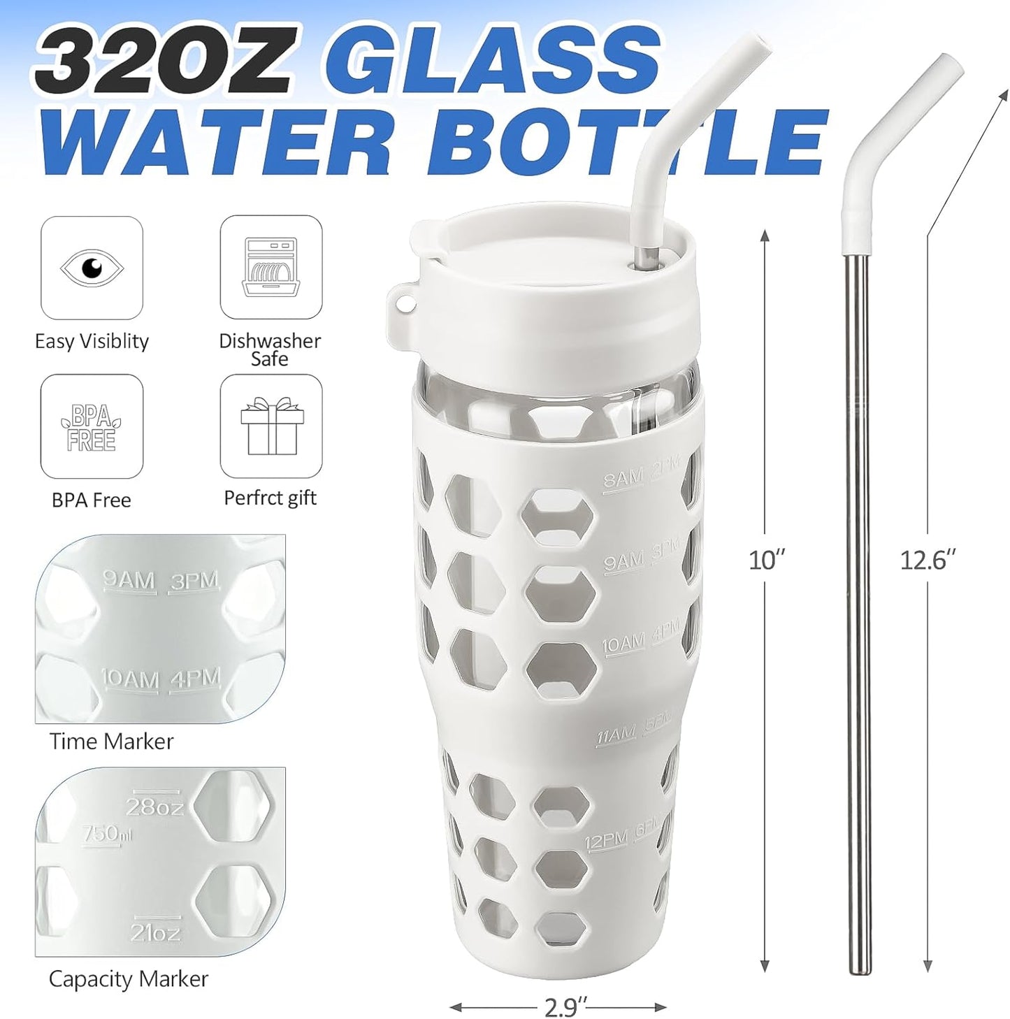 MUKOKO 32 oz Glass Tumbler with Straw,Glass Water Bottles with Time Marker,Iced Coffee Cup with 2 Lids-Handle Spout Lid&Straw Lid,Silicone Sleeve,Leakproof,1 Pack-White