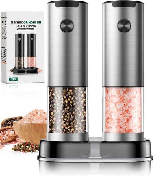 Stainless Steel Electric Salt and Pepper Grinder Set-One-Touch Battery Operated Mill with Adjustable Coarseness & LED Light, Sleek & Durable Grinder for Kitchen New Home Gift Ideas (2 Pack)