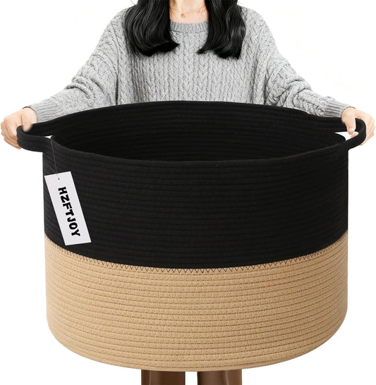 Large Blanket Basket for Organizing,115L Closet Organizers and Storage Bins Box for Shelves Woven Rope Storage Baskets,Living Room,Bedroom,Dorm,Laundry room (Black&Camel)