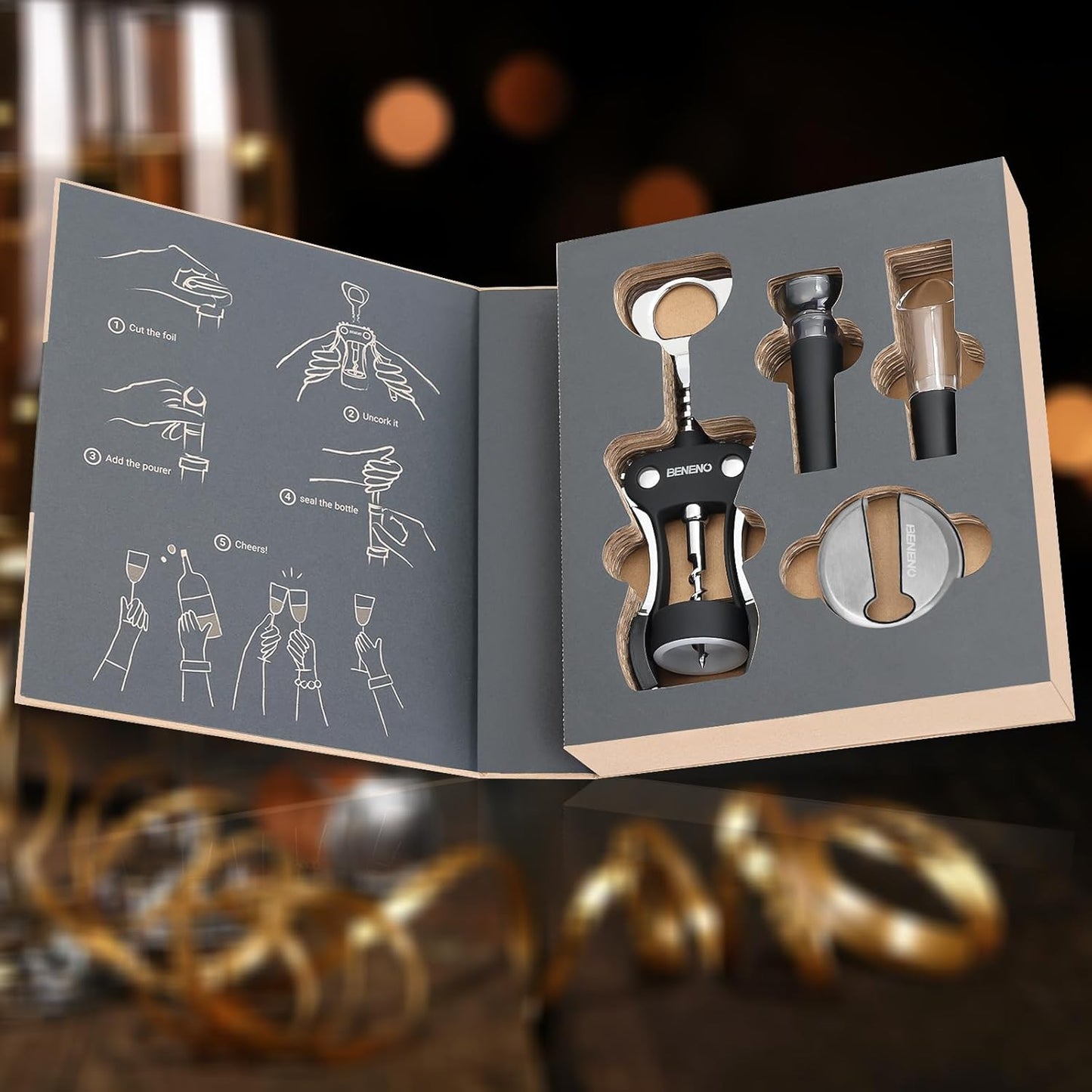 Beneno Multifunctional Wine Bottle Opener Gift Set - Wing Corkscrew, Foil Cutter, Vacuum Stopper & Aerator Pourer, Perfect for Wine Lovers Man Woman, Black Set