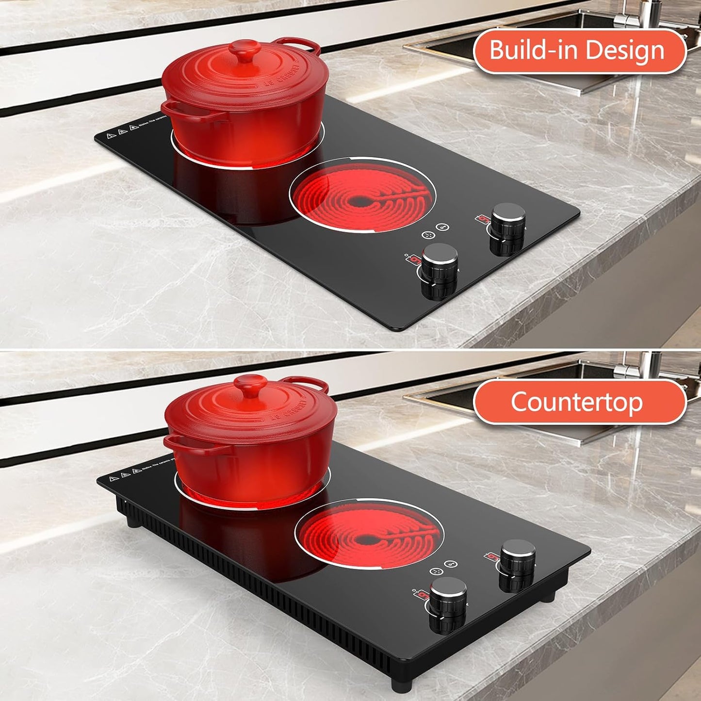 110v Electric Cooktop 2 Burners, 12'' Electric Stove Top with Plug in, GTKZW Knob Control Countertop & Built-in Ceramic Cooktop, 9 Power Levels, Child Lock, Timer, Over-Heat Protection