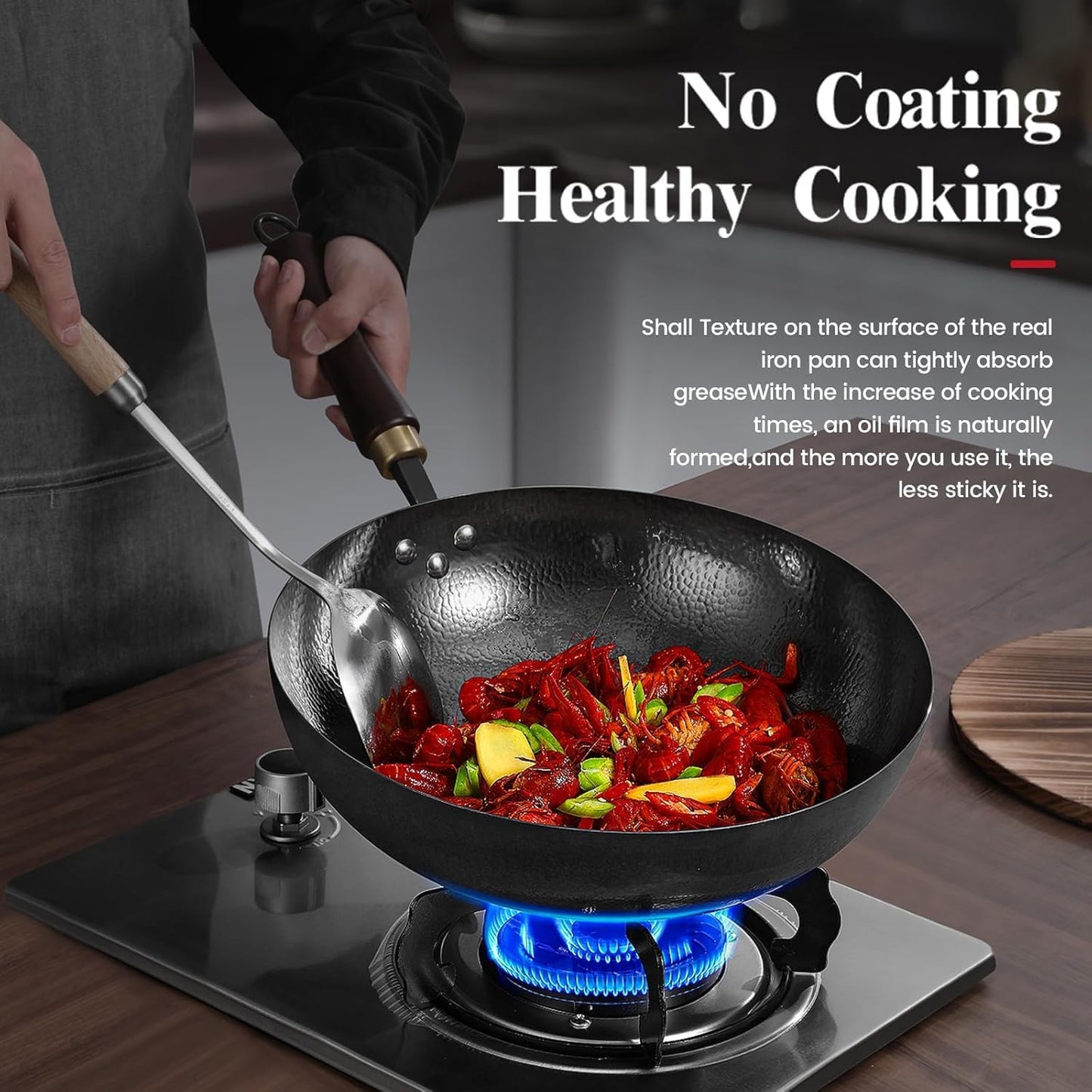 Carbon Steel Wok Pan, 13.5″Woks & Stir-Fry Pans with Wooden Lid Cookwares, Nonstick Wok, No Chemical Coated Round Bottom Hand Hammered Chinese Wok For Gas