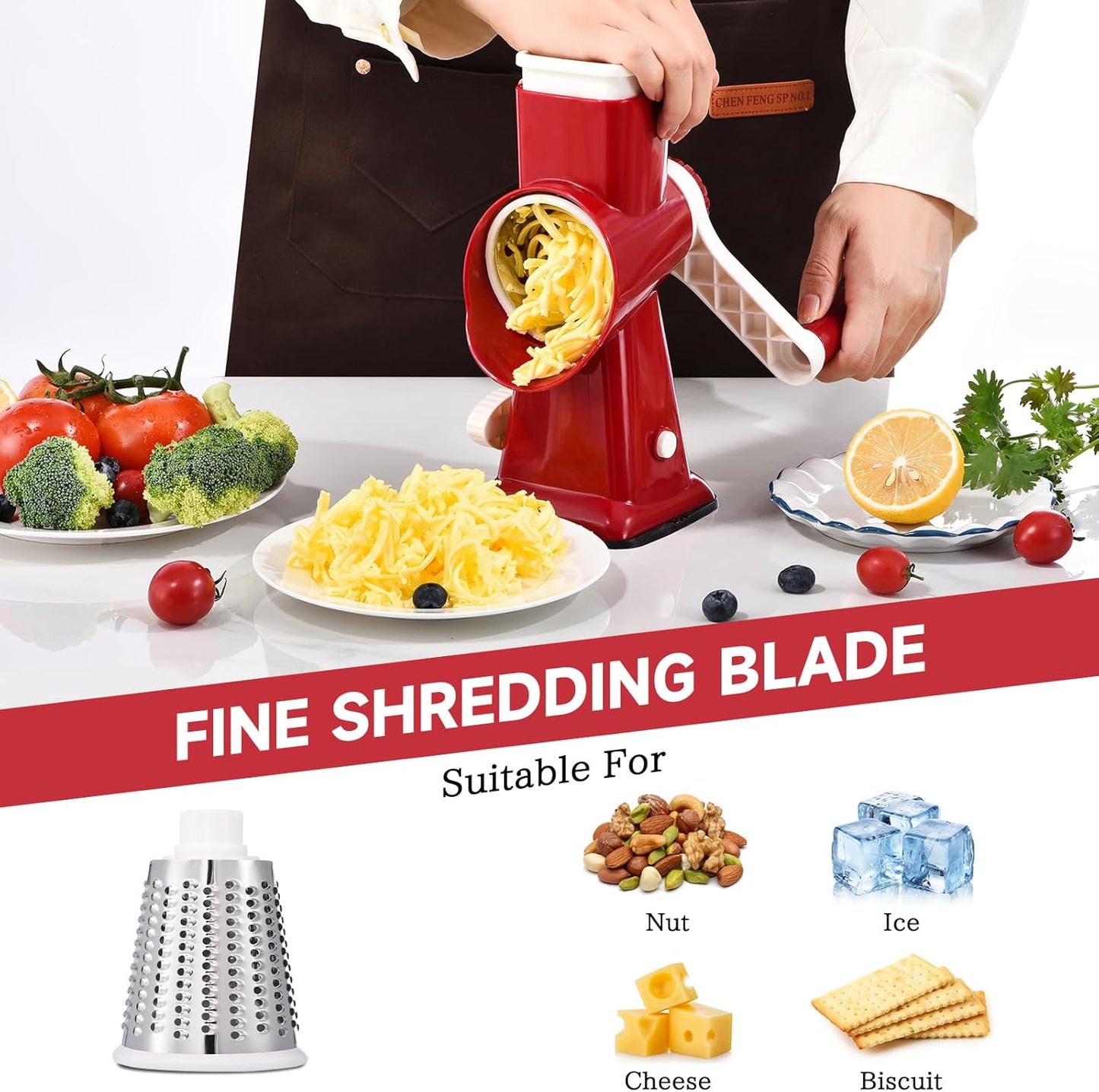 Rotary Cheese Grater Hand Crank Cheese Shredder Vegetable Mandoline Slicer for Kitchen 3 in 1 Changeable Blades for Cheese Potato Nuts Chocolate Ice (RedWhite)