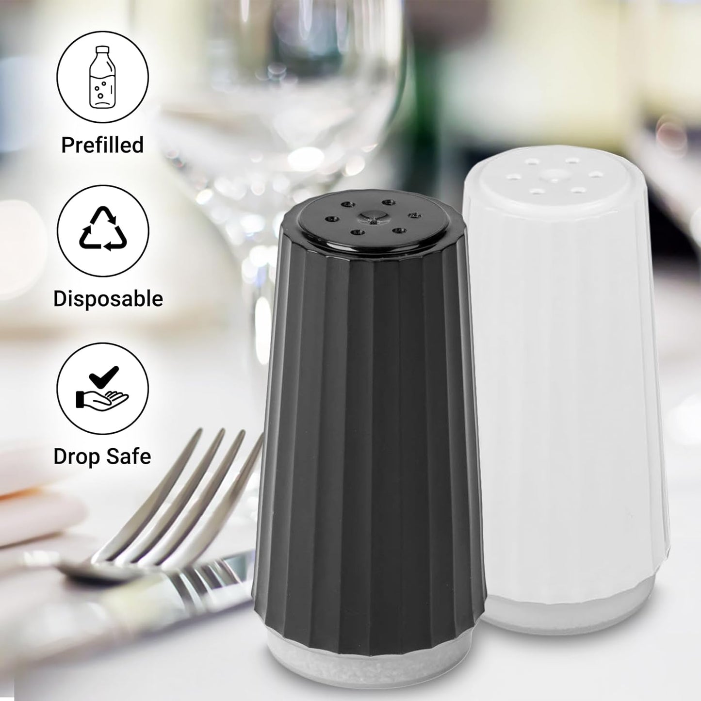 Disposable Salt and Pepper Shakers by Global Basics - Plastic Shaker Sets for Parties, Restaurants, Picnics, Cookouts - Prefilled Salt and Pepper Shakers with 4oz. Salt, 1.5oz. Pepper - 12-Pack