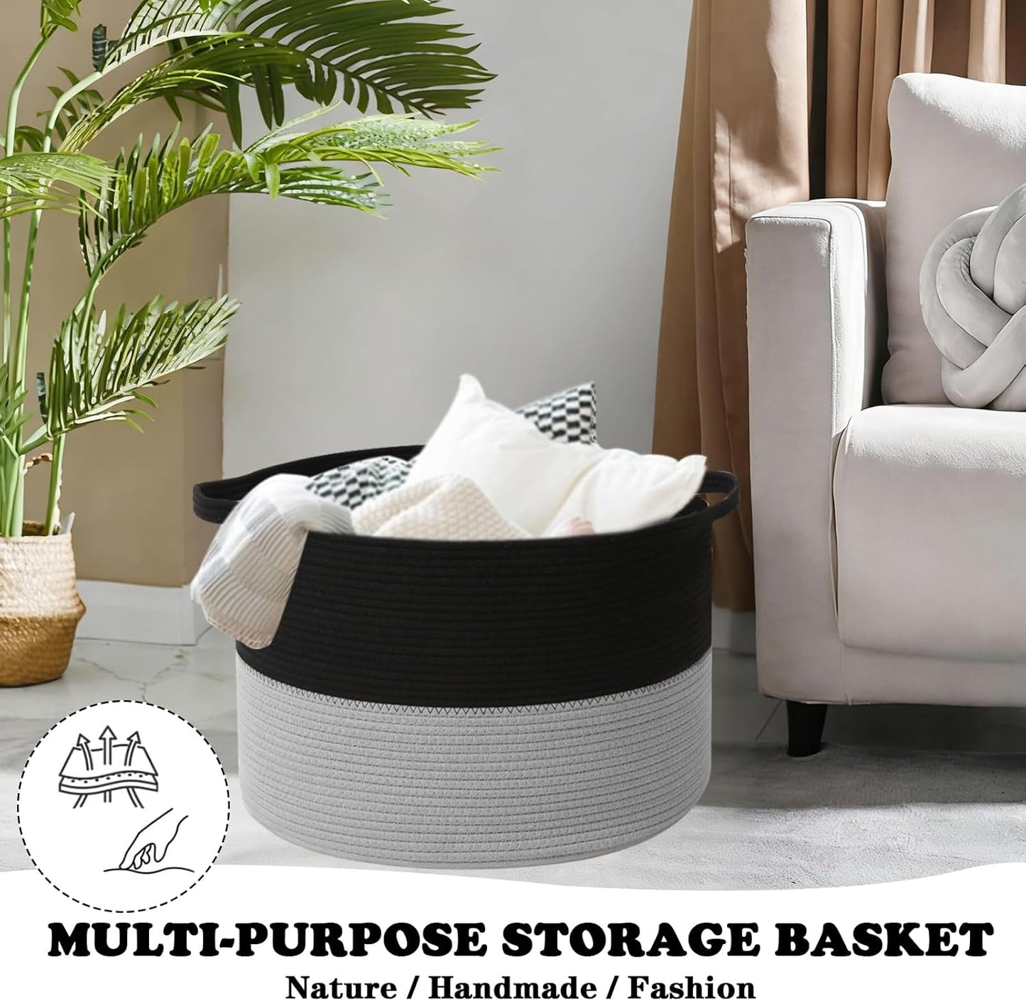 Large Blanket Basket for Organizing,115L Closet Organizers and Storage Bins Box for Shelves Woven Rope Storage Baskets,Living Room,Bedroom,Dorm,Laundry room (Black&Light Grey)