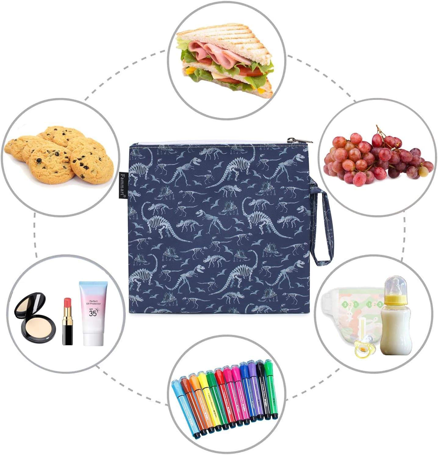 Reusable Sandwich Bag/Snack Bag for Kids & Adults, Dual Layer Lunch Bag with Handle, Washable, Food Safe, BPA Free (1-Pack, Dinosaur Fossil)