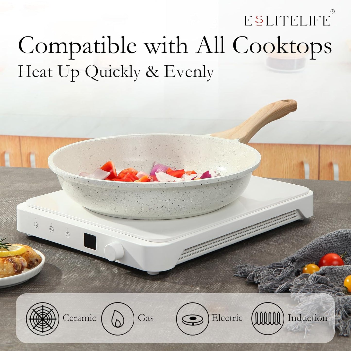 ESLITE LIFE Nonstick Ceramic Frying Pan Skillet, Non-Toxic Egg Omelette Kitchen Cooking Pans Compatible with All Stovetops (Gas, Electric & Induction), PTFE & PFOA Free (White, 11'')