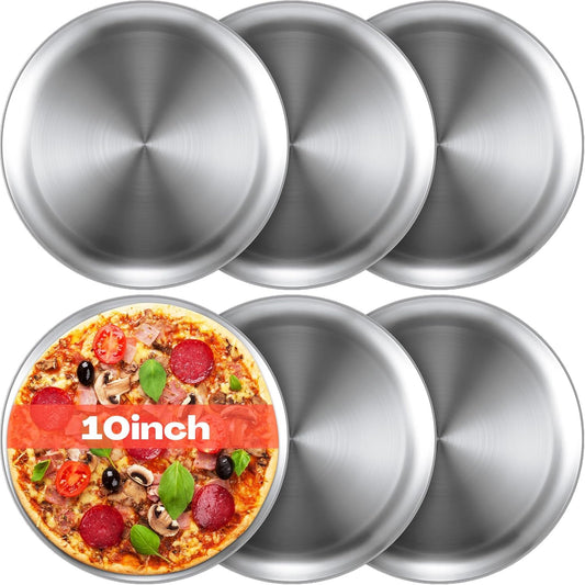 Thenshop 6 Pieces 10 Inch Pizza Pans Bulk Stainless Steel Sets Round Bakeware Pizza Trays for Oven Kitchen Baking Home Restaurant Safe Sturdy Reusable Easy Clean(Silver)