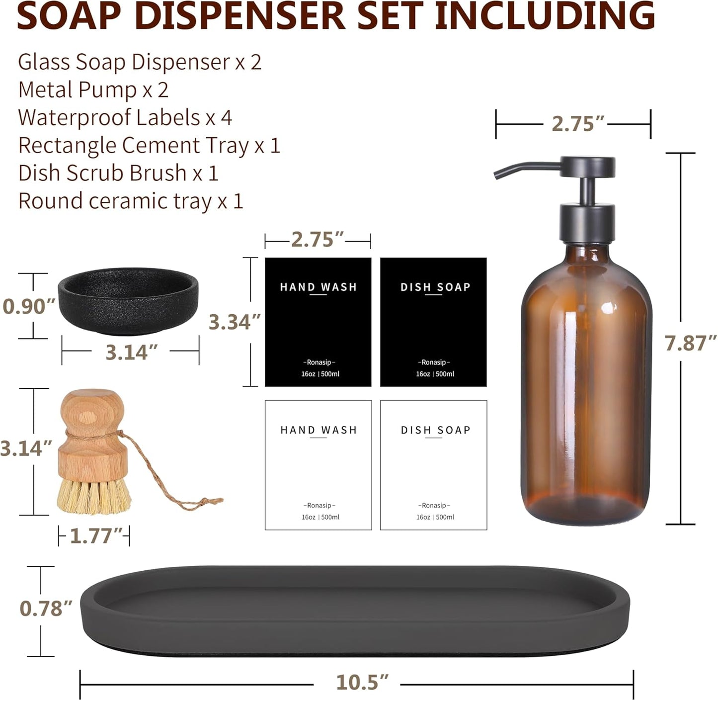Set of 5 Kitchen Soap Dispenser Set 16 Oz Glass Hand Dish Soap Dispenser with Stainless Steel Pump, Cement Tray, Dish Scrub Brush for Farmhouse Rustic Home Bathroom Decor (Brown)