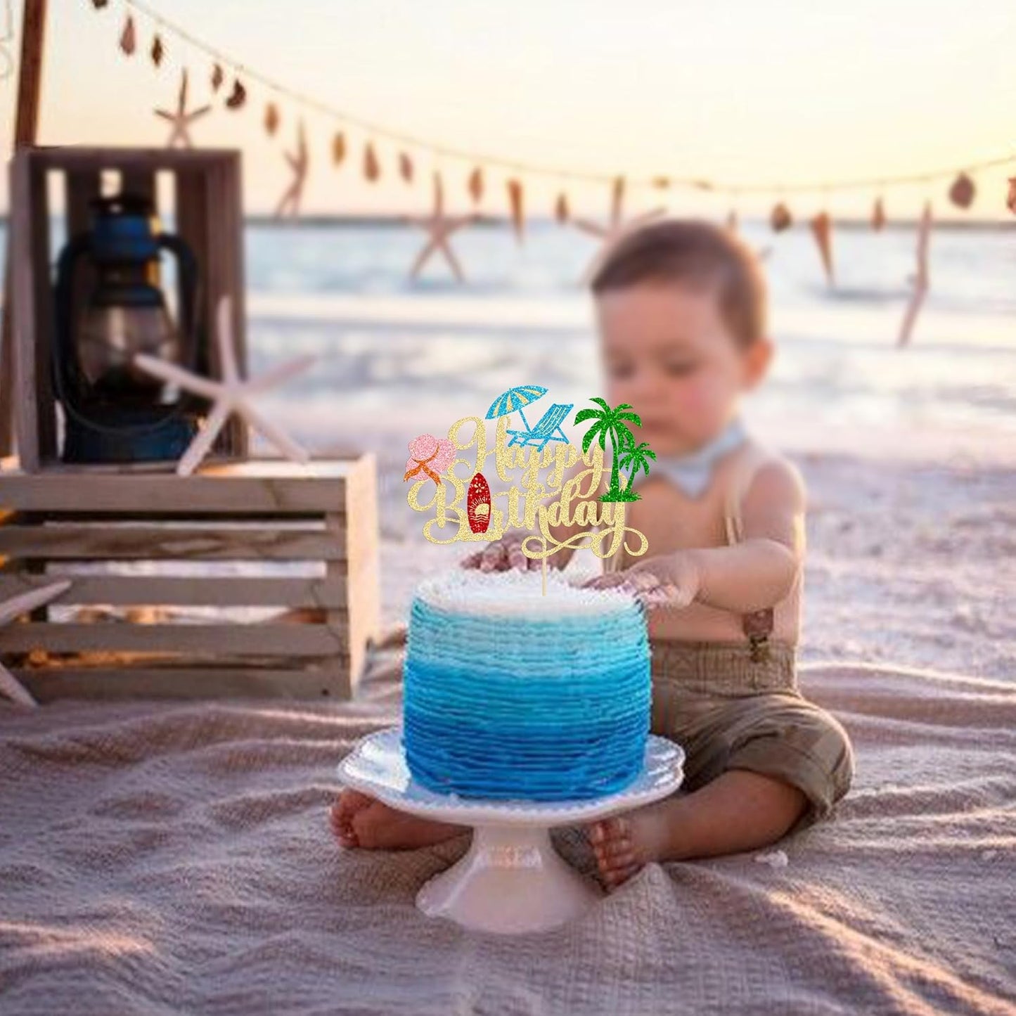 Gyufise 1Pcs Summer Beach Happy Birthday Cake Topper Glitter Ball Tree Umbrella Pool Cake Pick for Hawaiian Holiday Baby Shower Birthday Party Cake Decorations Supplies Gold