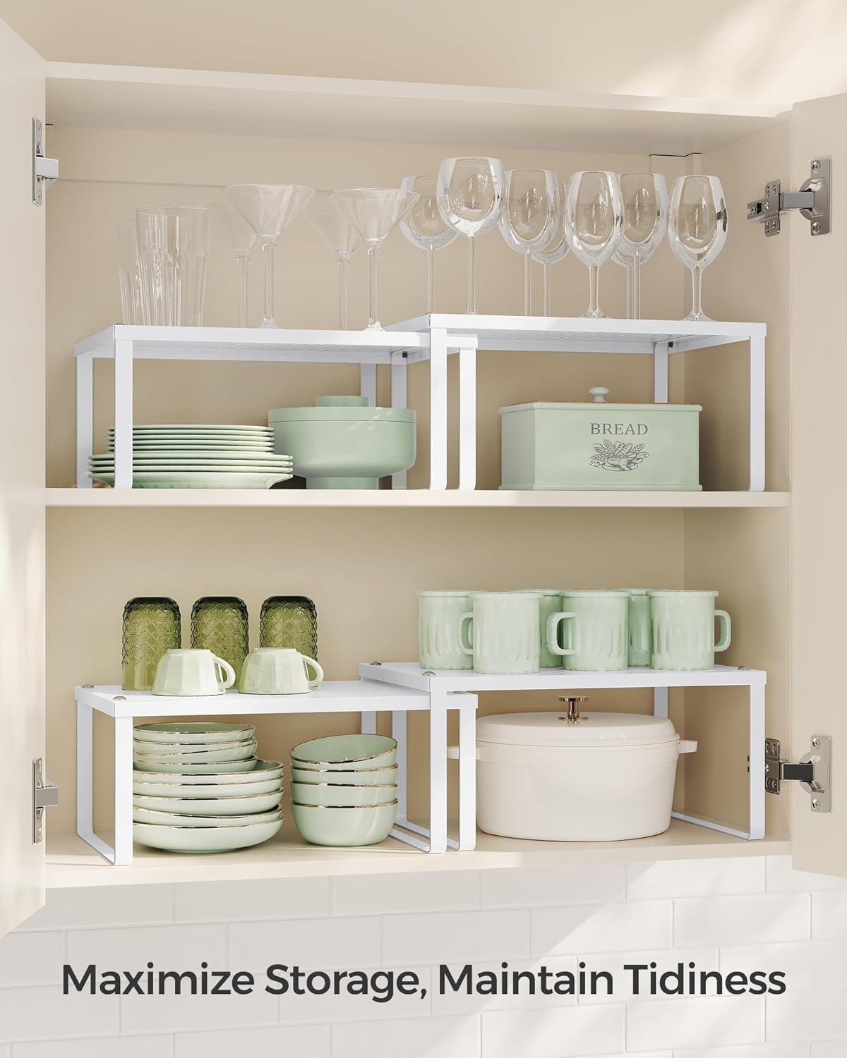 SONGMICS Spice Racks, Set of 4 Metal Cabinet Shelf Organizers, Countertop Organizers, Shelf Risers, Stackable, Expandable, White UKCS006W01