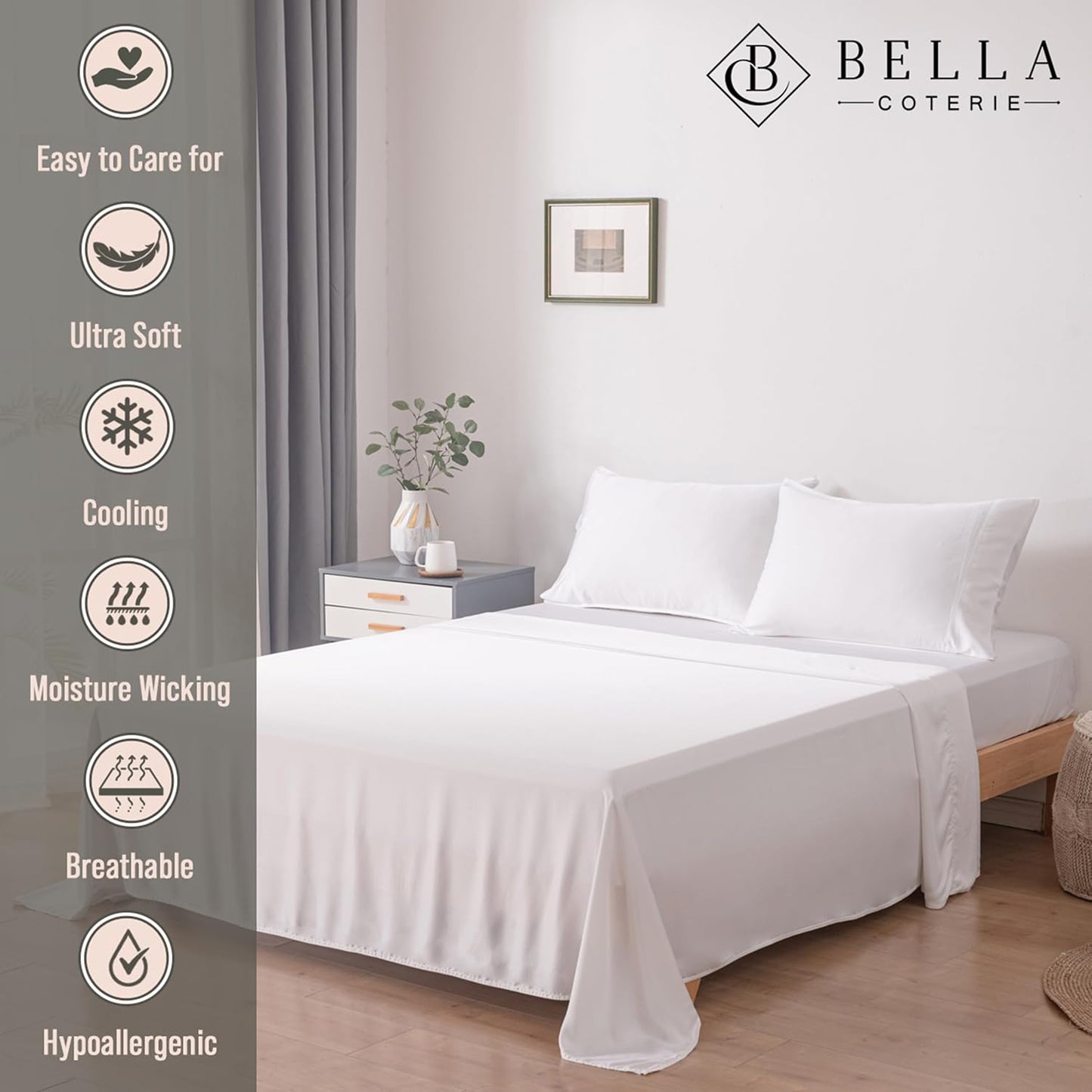 Bella Coterie Luxury Bamboo Viscose King Size Sheet Set | 100% Organically Grown | Ultra Soft | Cooling for Hot Sleepers | 18" Deep Pocket [White]