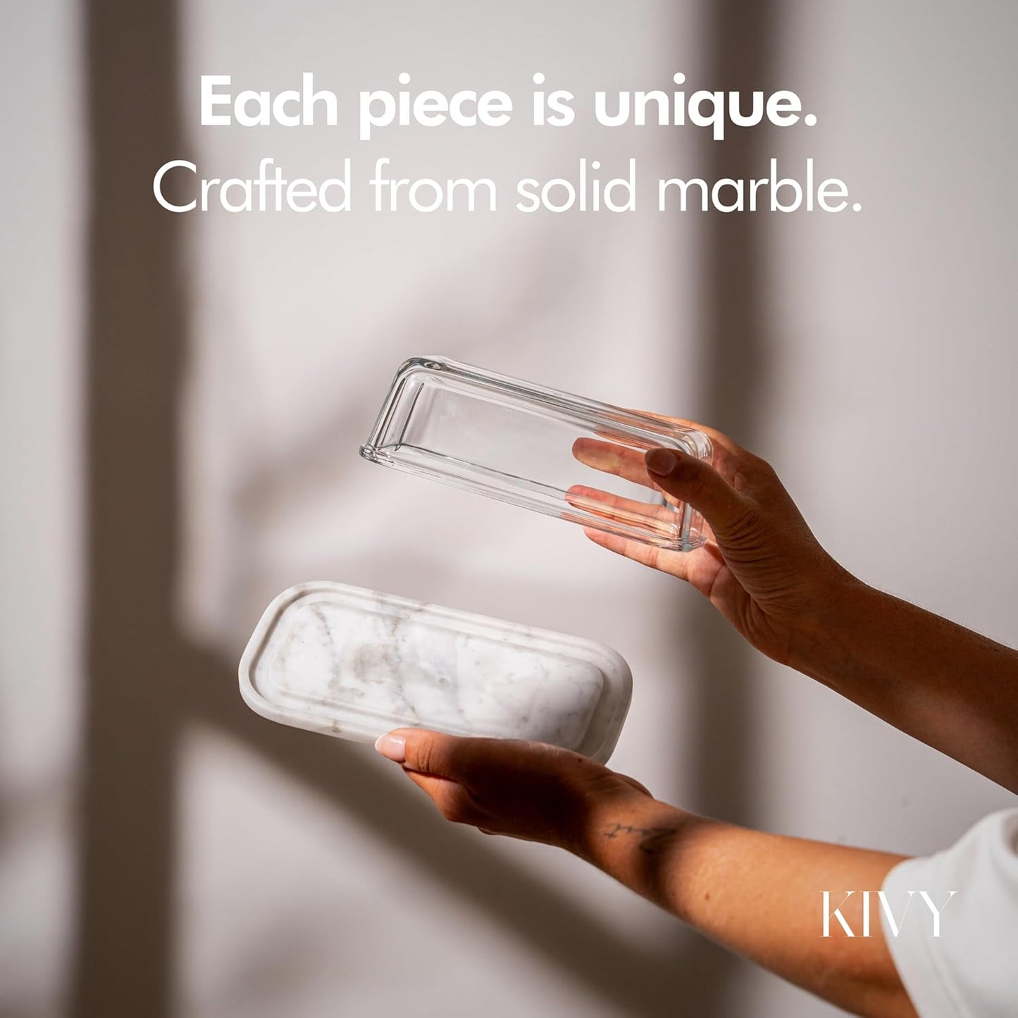 KIVY Butter Dish (White Marble & Glass) - For countertop and refrigerator door shelf - Marble butter keeper - Stone butter dish - Glass butter dish with lid - Dishwasher Safe