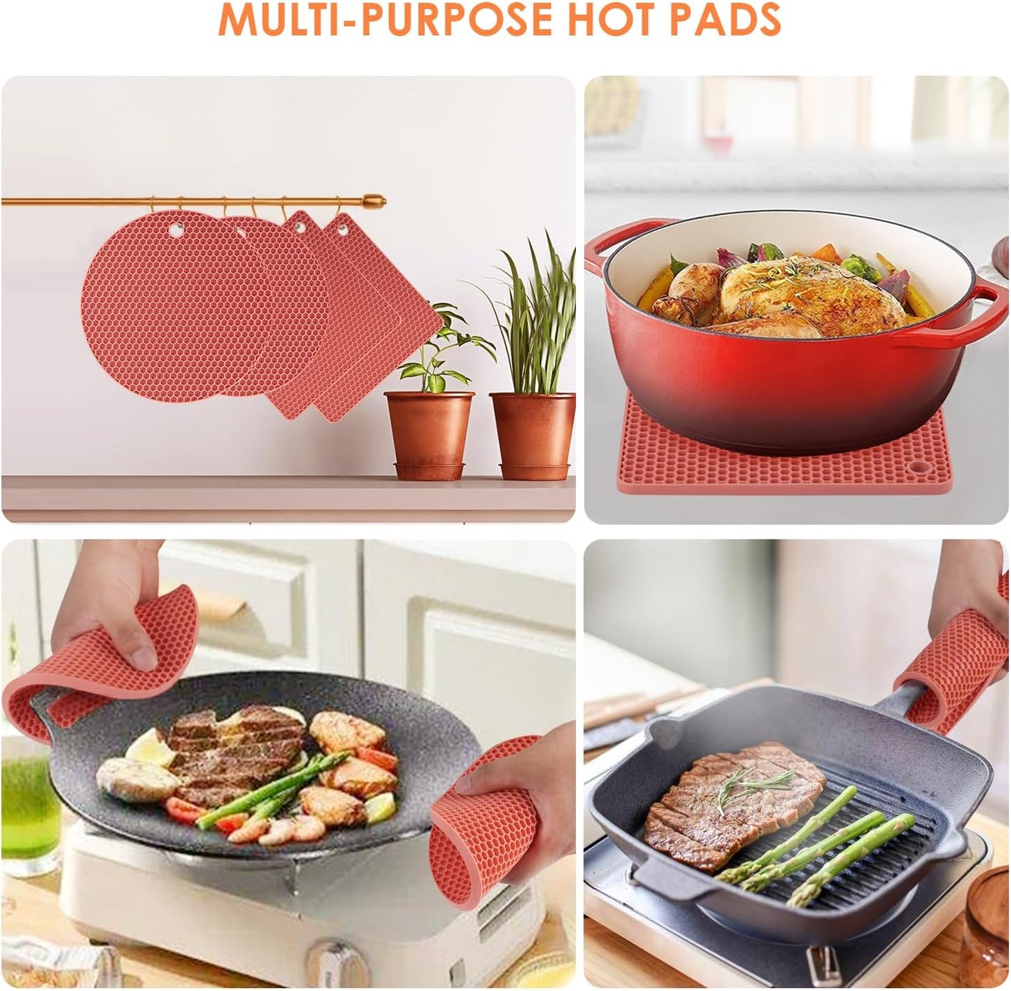 4 Pack Trivets for Hot Dishes, Silicone Pot Holders Hot Pads for Kitchen, Silicone Trivets for Hot Pots and Pans, Hot Plates to Protect Table Quartz Countertops Heat Resistance to 450°F, Nordic Orange