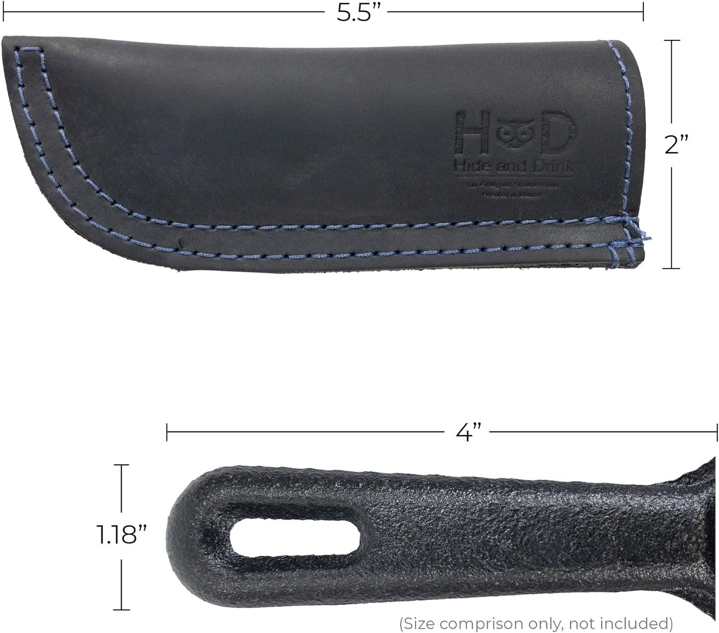 Hide & Drink, Full Grain Leather Hot Handle, Cast Iron Protector, Panhandle Potholder, Double Layered, Double Stitched, Slides On/Off Easily onto Metal Skillet Grips, Handmade, Slate Blue