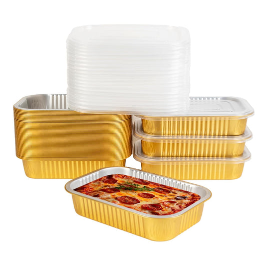 Aluminum Pans with Lids Heavy Duty (40 Pack + 40 Lids, 8.7"×6") 2.25 LB Capacity Foil Food Containers with Lids, Disposable Tin Foil Pans with Lids for Baking, Meal Prep, Freezer, Heating and Takeout