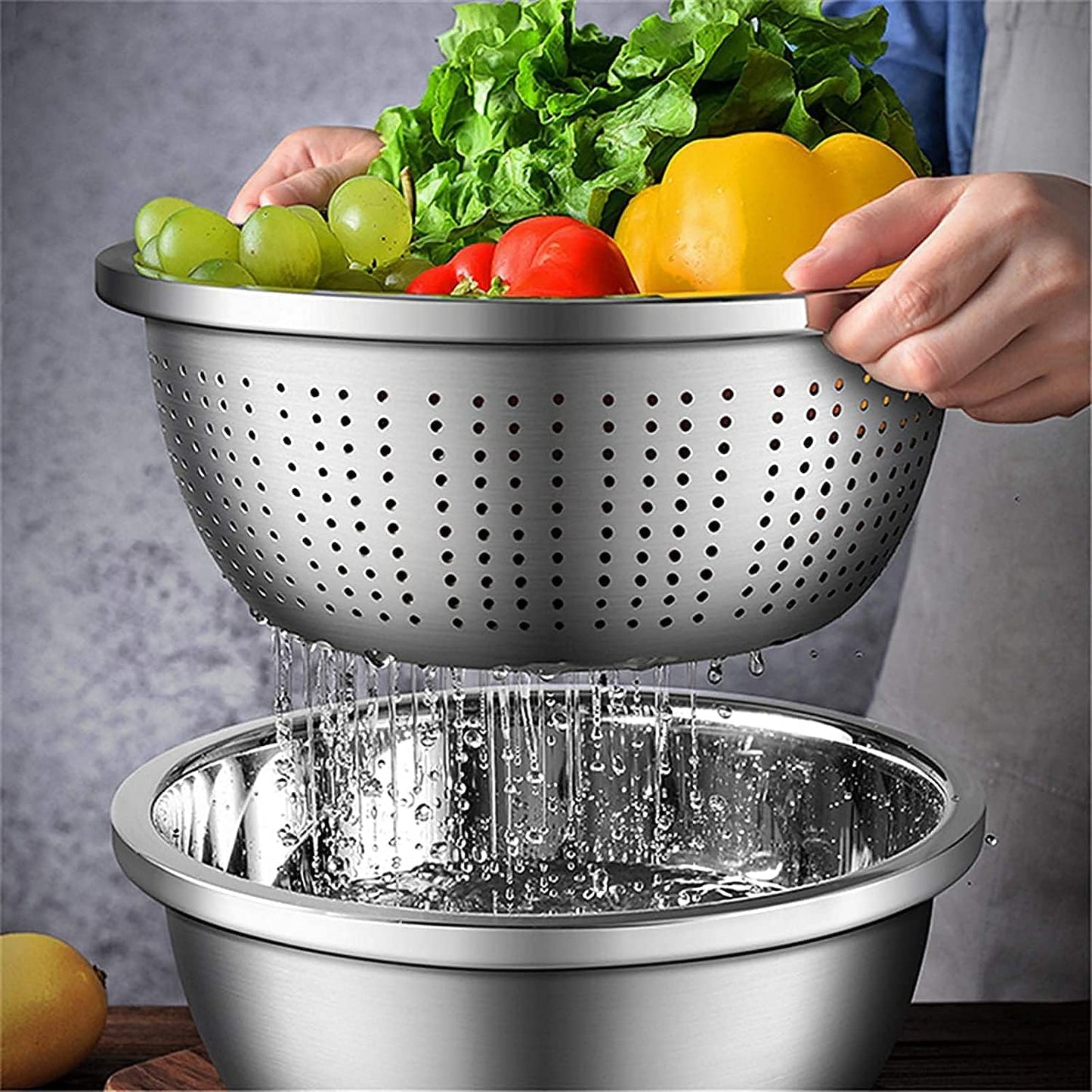 meleg otthon Stainless Steel Mixing Bowls, 5.8QT Salad Bowl, Metal Bowls with Water Filter Basin, Stainless Steel Basin, Heavy Duty Deeper Edge Mirror Finish Dishwasher Safe Bowl (L)