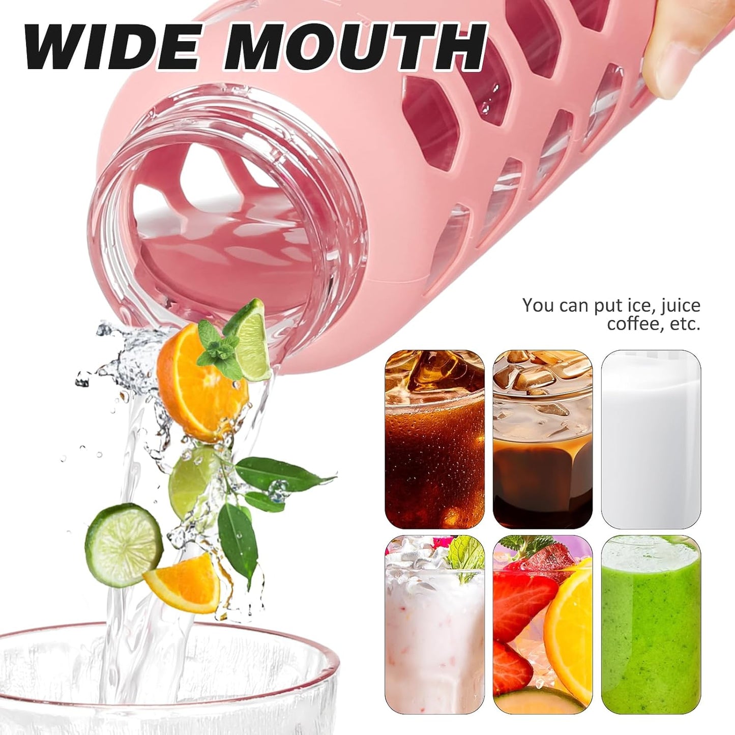 MUKOKO Glass Water Bottles, 24oz Glass Tumbler with Straw, Drinking Bottles with 2 Lids-Handle Spout Lid&Bamboo Straw Lid, Motivational Water Bottle with Time Marker and Silicone Sleeve, 1 Pack-Pink