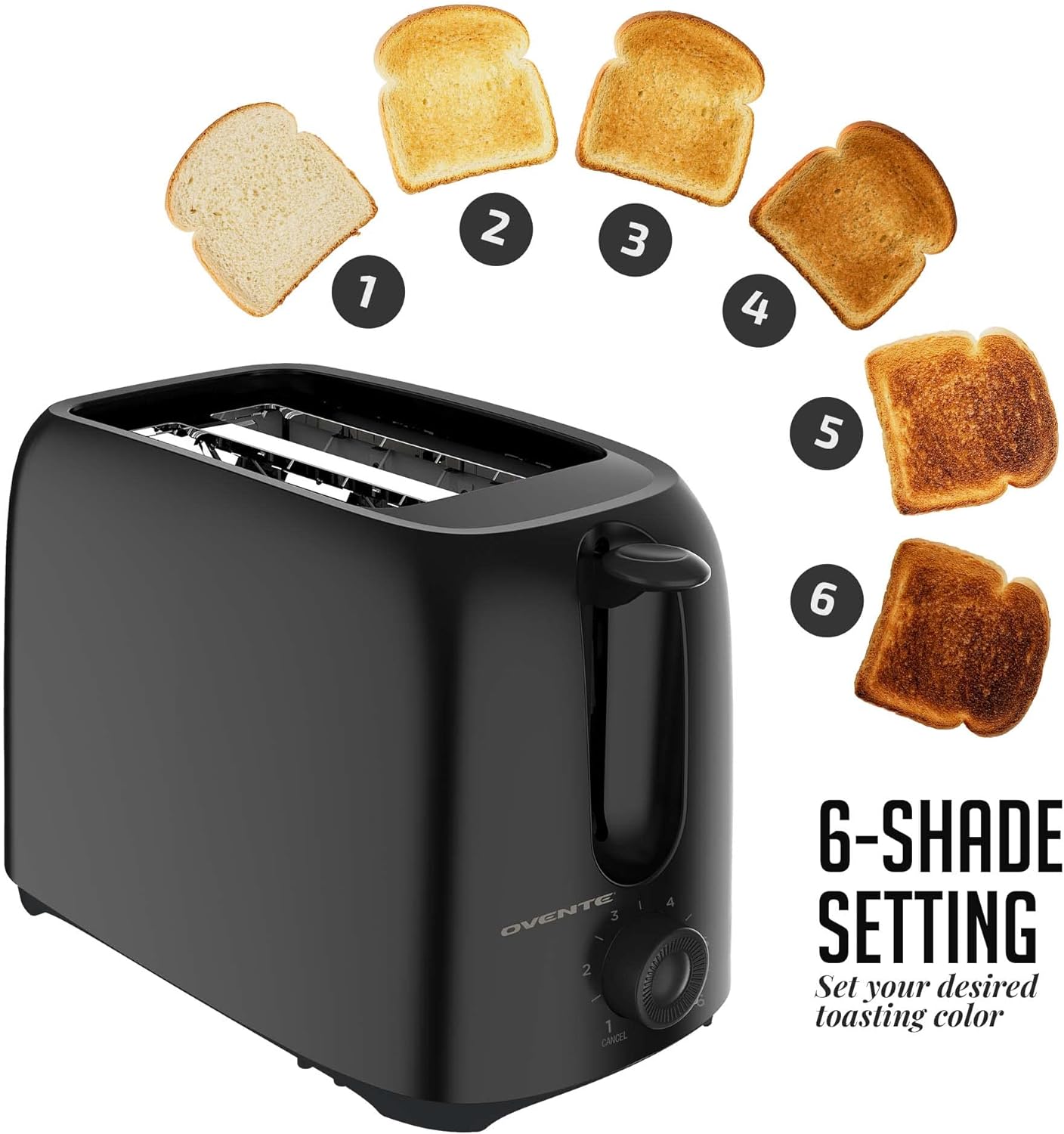 OVENTE Electric 2 Slice Toaster Machine with 6-Shade Browning Selector Setting, Compact Design and Removable Crumb Tray, 700W Power Perfect for Toasting Bread, Thin Bagels and Waffles, Black TP2210B