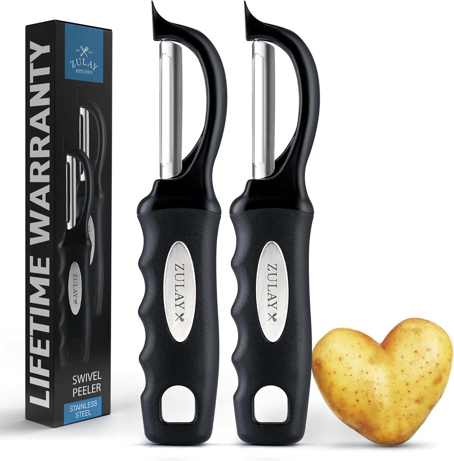 Zulay Kitchen Premium Vegetable Peeler for Kitchen - Swivel Peeler with Razor Sharp Stainless Steel Blades & Strong Ergonomic Handle - Dishwasher Safe, Easy To Use with Blemish Remover - Black