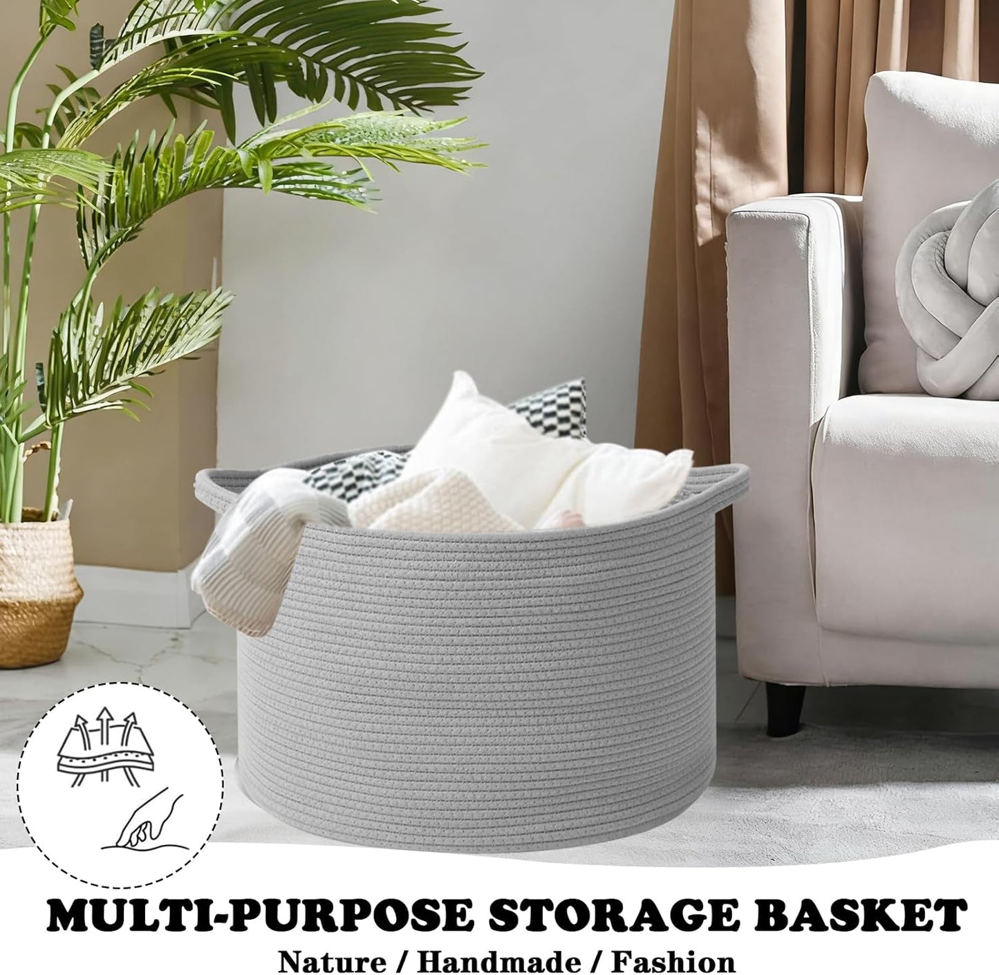Large Blanket Basket for Organizing,115L Closet Organizers and Storage Bins Box for Shelves Woven Rope Storage Baskets,Living Room,Bedroom,Dorm,Laundry room (Light Grey)