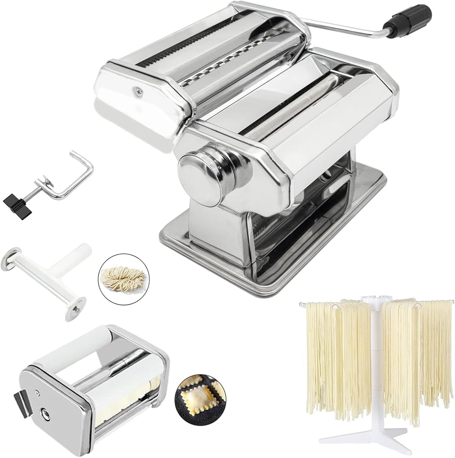 Pasta Maker Machine with 9 Adjustable Thickness Settings, 2 in 1 Noodle Maker Includes Pasta Cutter, Ravioli Maker Attachment & Pasta Drying Rack