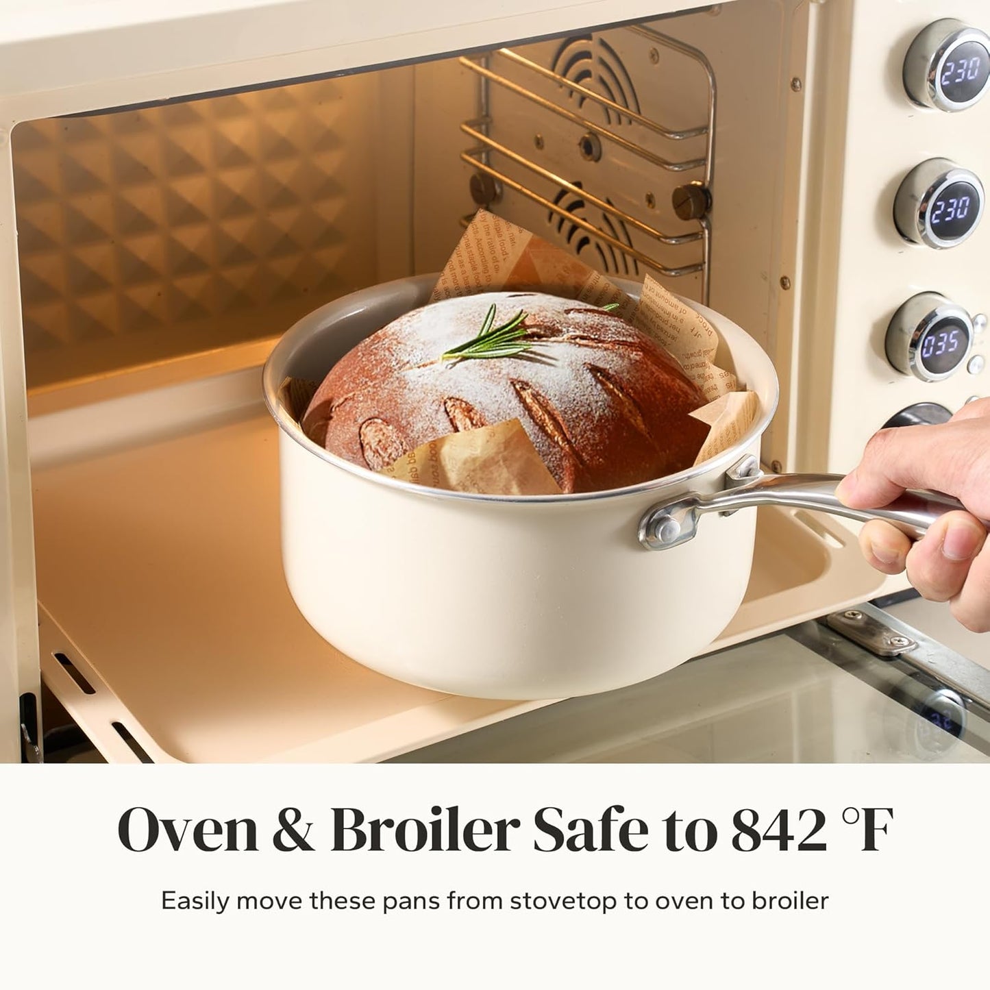 Redchef Nonstick Ceramic Sauce Pan With Lid, 3.5QT Small Cooking Pot with Stay-Cool Handle, Kitchen Non Toxic Soup Pot, PTFE & PFOA Free, Oven & Dishwasher Safe, Compatible with All Stovetops-Beige