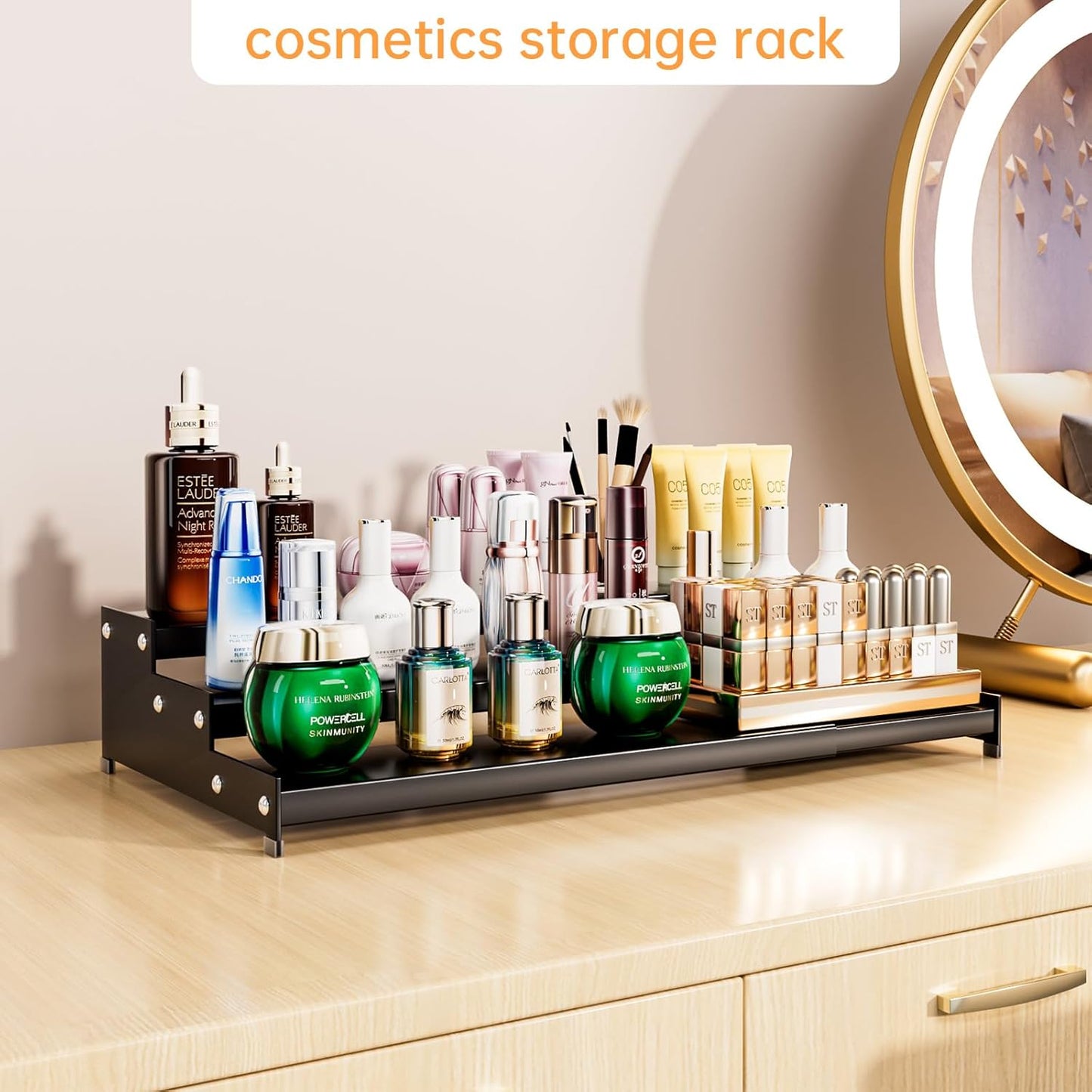 Premium Spice Rack Organizer for Countertops - 3-tier space-saving kitchen organizer for spice jars, oil bottles and utensils 1 Pack Black (modern rust-resistant design)