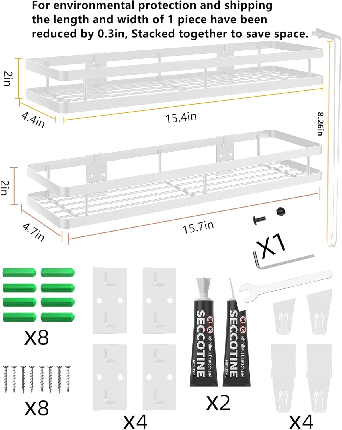 Spice Rack Organizer Wall Mount - 15.7in 2Pack [Upgraded Version] Hanging Seasoning Organizer Shelf with Paper Towel Holder, Storage for Cabinet or Wall Mounted with 4 Strong Hooks (Rice white)