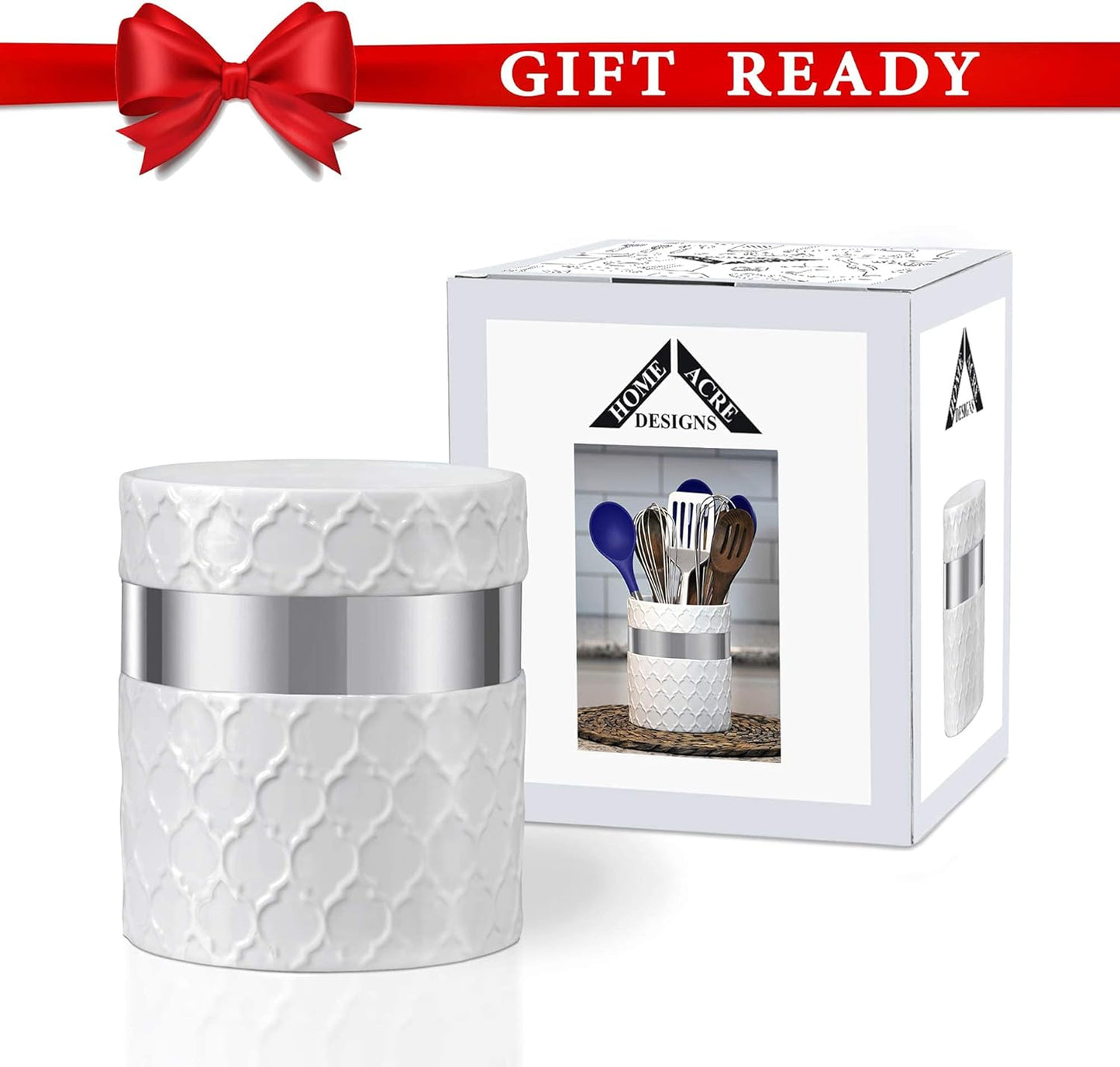 Home Acre Designs Kitchen Utensil Holder - Large Ceramic Farmhouse Countertop Crock, White/Silver