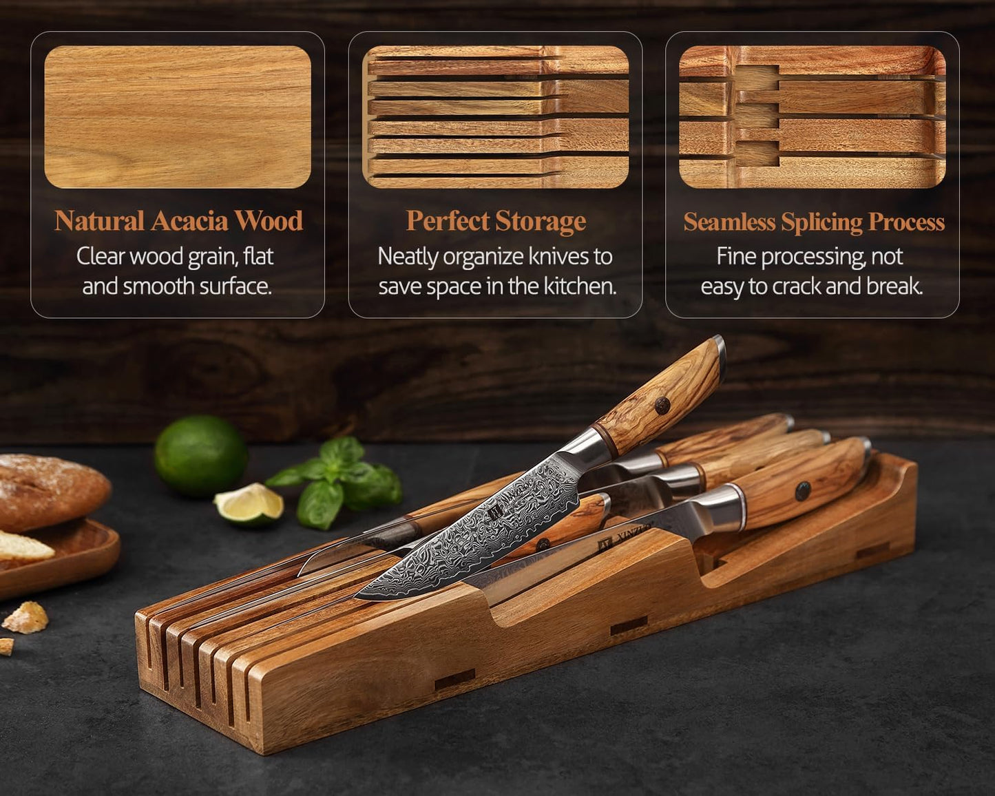 XINZUO In-drawer Knife Block, Natural Acacia Knife Drawer Oganizer, Insert-Kitchen Storage Holder, 7 Slots, Holds up to 7 Various Size Knives, Countertop Saving&Knife Protective