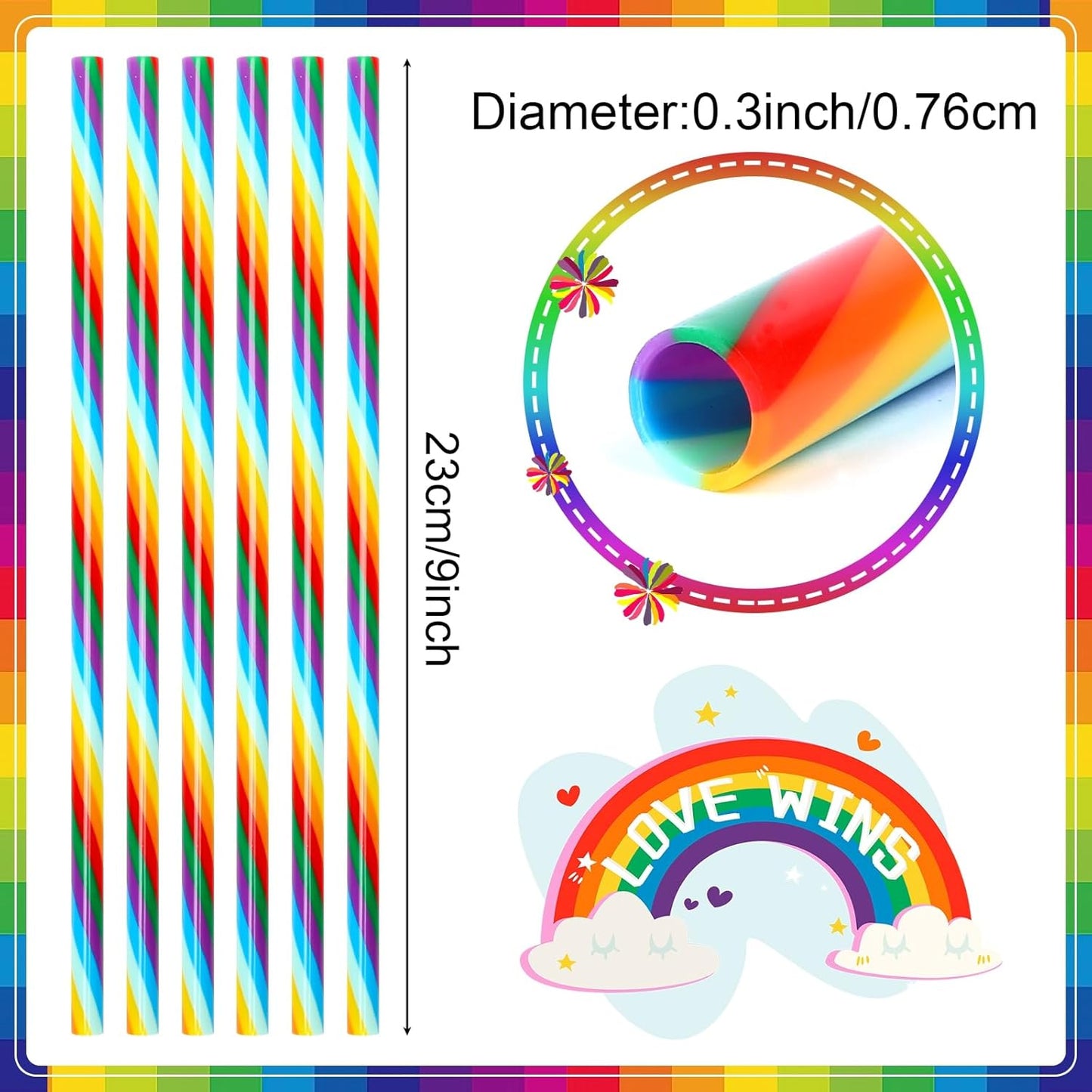 JANYUN 30 Pieces Rainbow Drinking Straws, 9inch Hard Platic Reusable Straws LGBT Gay Pride Colorful Rainbow Striped Straw for Pride Party Favors Decorations with Cleaning Brush